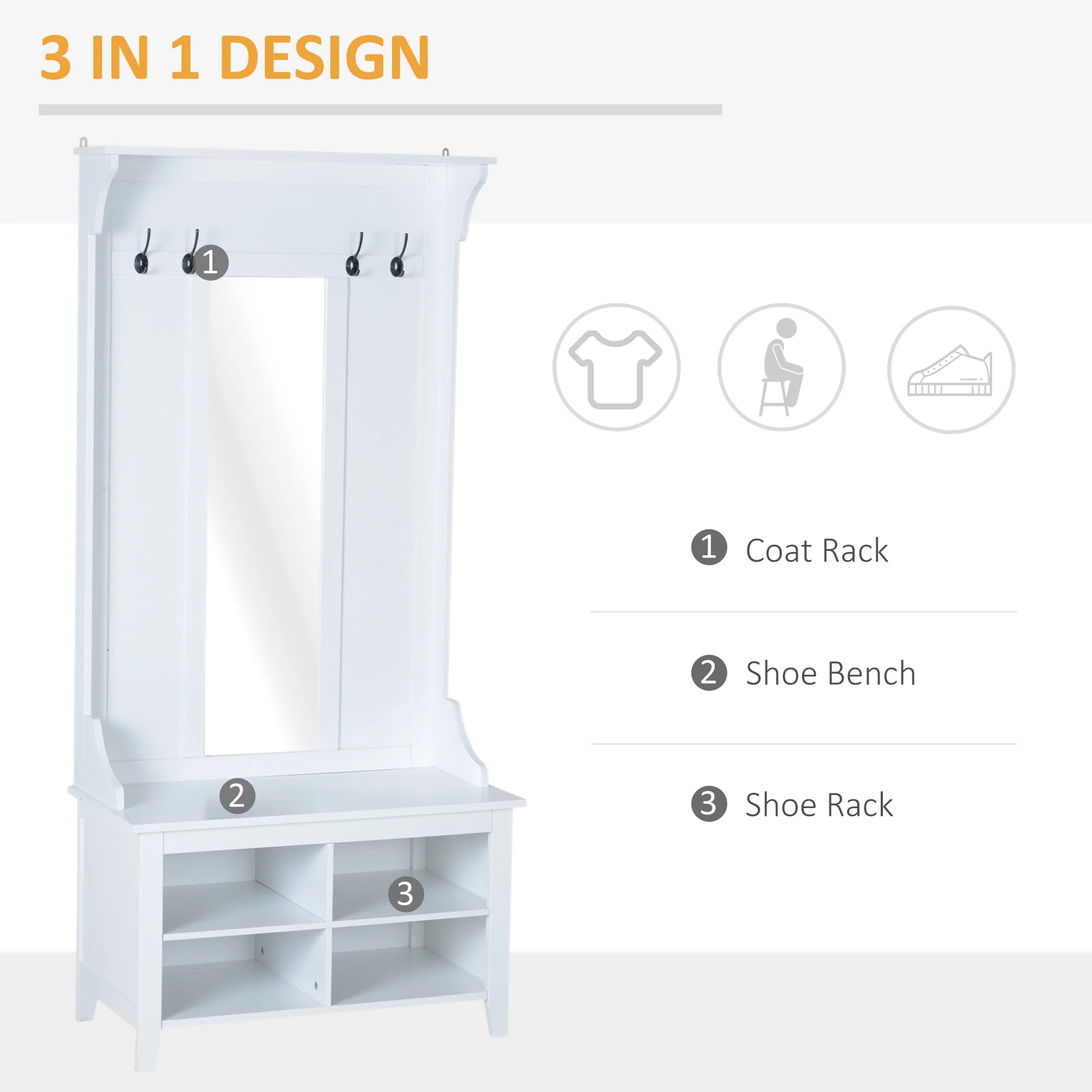 Hallway Furniture Set Shoe Bench Storage Mirror Cabinet Coat Rack Multiple Cubes Hangers Organiser Shelves w/ 4 Hooks - Image 4