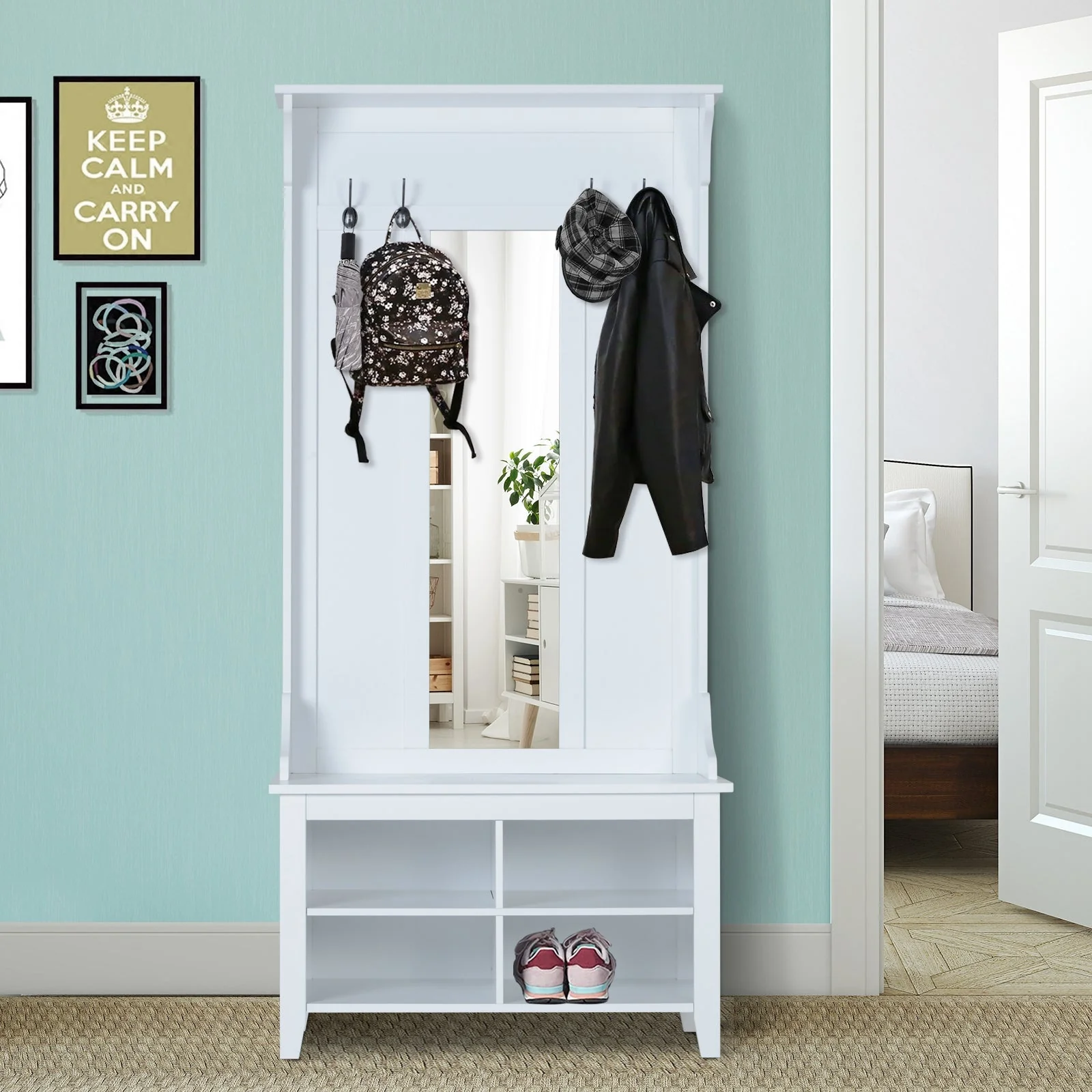 Hallway Furniture Set Shoe Bench Storage Mirror Cabinet Coat Rack Multiple Cubes Hangers Organiser Shelves w/ 4 Hooks - Image 8