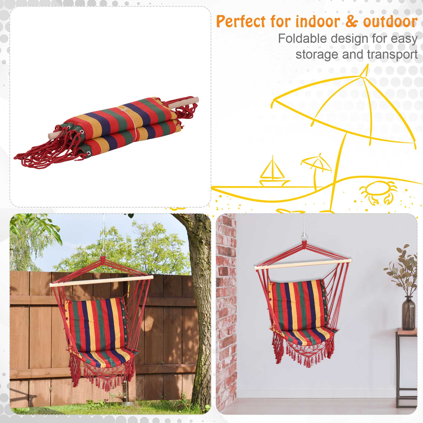 Hammock Chair Swing Colourful Striped Tree Hanging Seat Porch Indoor Outdoor Fabric Garden Furniture - Image 6