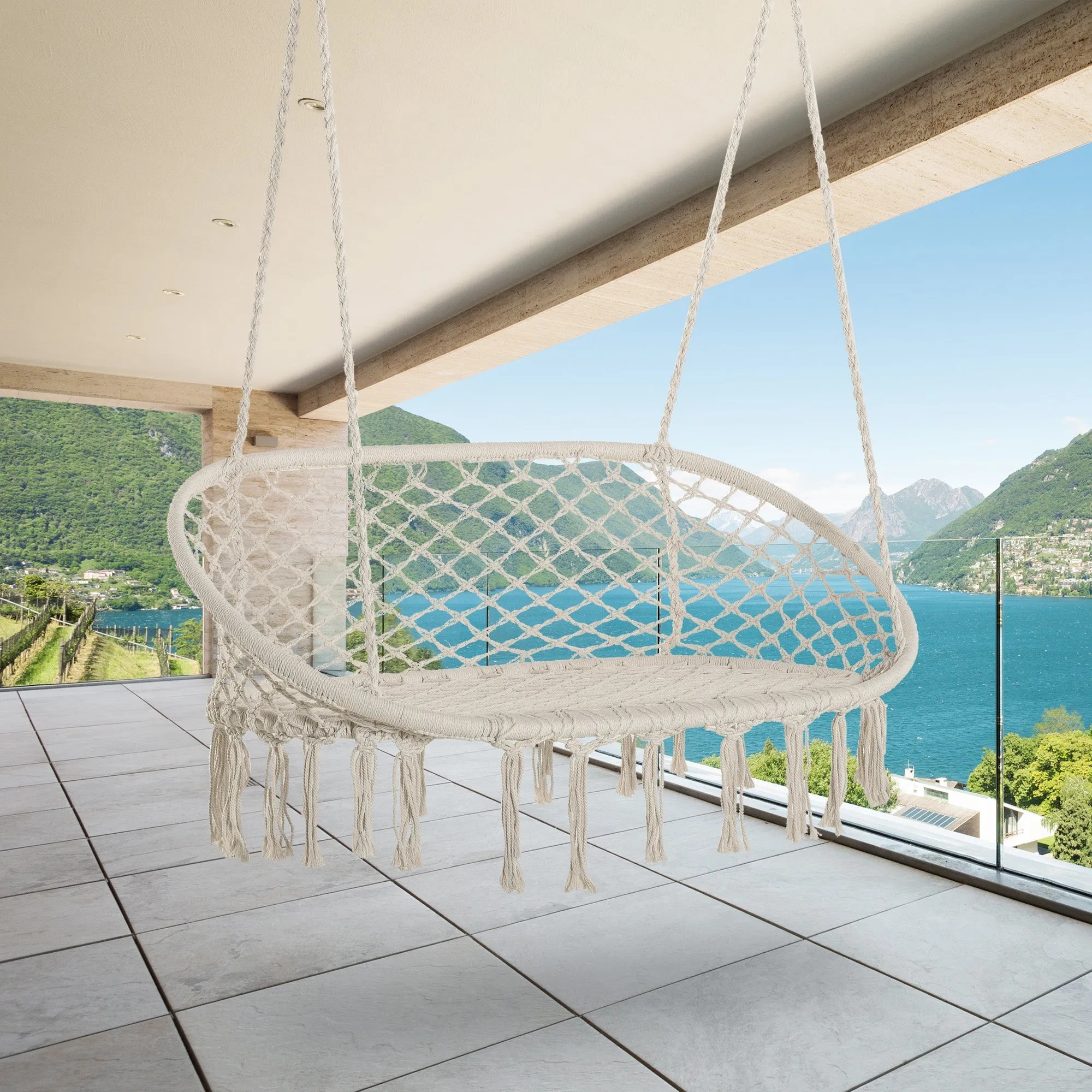 Hanging Hammock Chair Cotton Rope Porch Swing with Metal Frame - Image 8