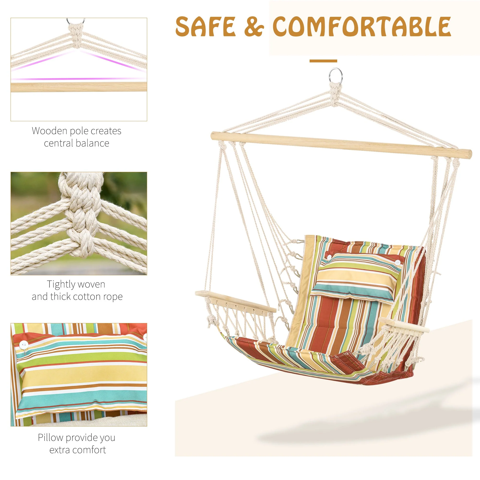 Hanging Hammock Chair Swing Chair Thick Rope Frame Safe Wide Seat Indoor Outdoor Home - Image 5