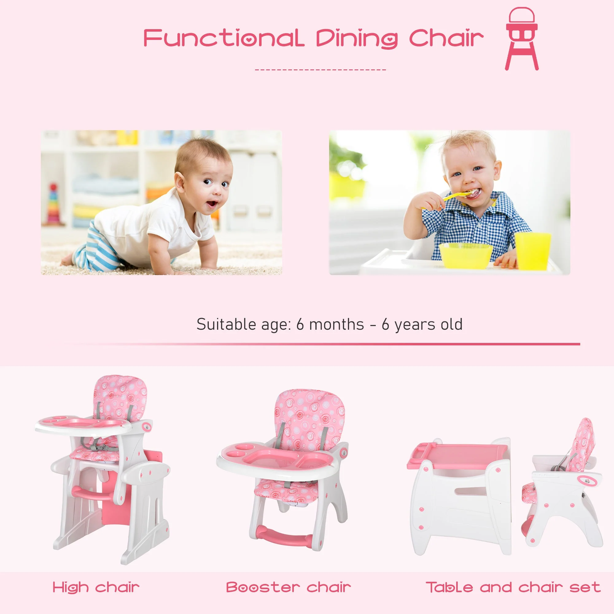 HDPE 3-in-1 Baby Booster High Chair Pink - Image 4