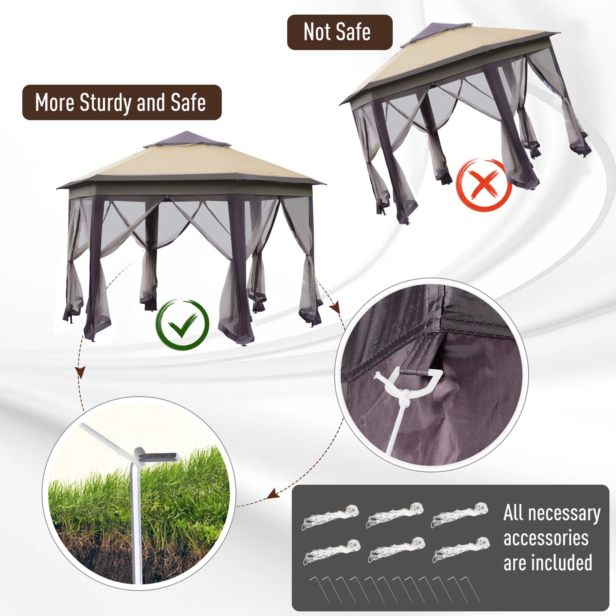 Hexagon Patio Gazebo Pop Up Gazebo Outdoor Double Roof Instant Shelter with Netting - Image 7