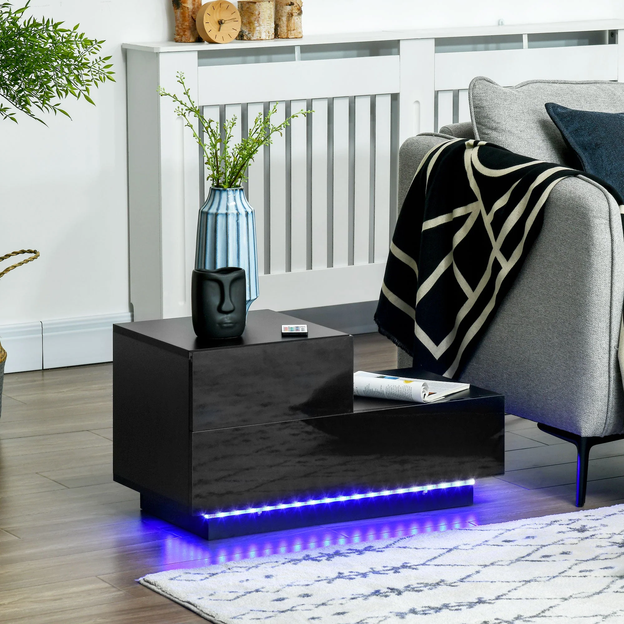 High Gloss Front Bedside Table with Drawers Nightstand with RGB LED Light and Remote for Bedroom Living Room Black - Image 2
