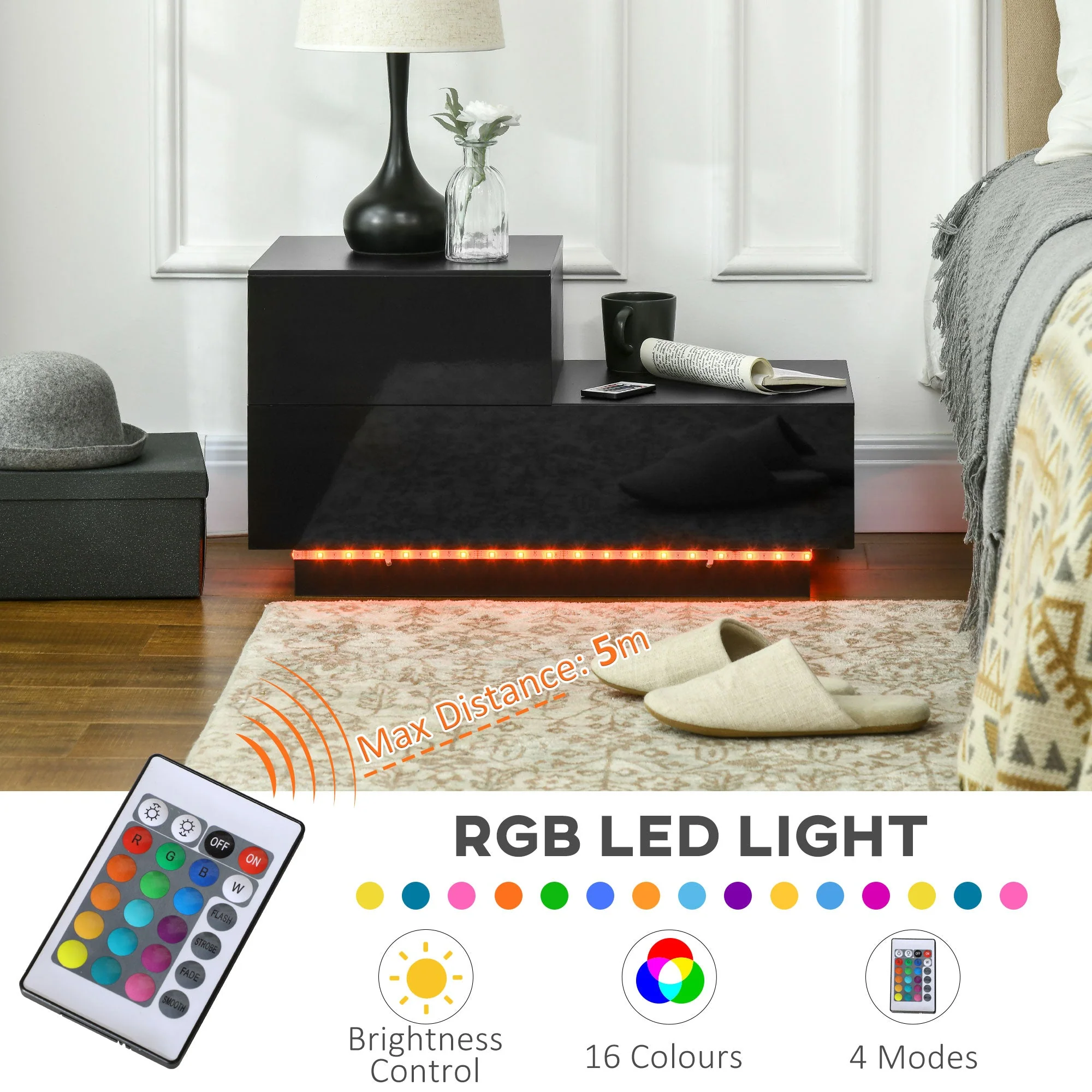 High Gloss Front Bedside Table with Drawers Nightstand with RGB LED Light and Remote for Bedroom Living Room Black - Image 4