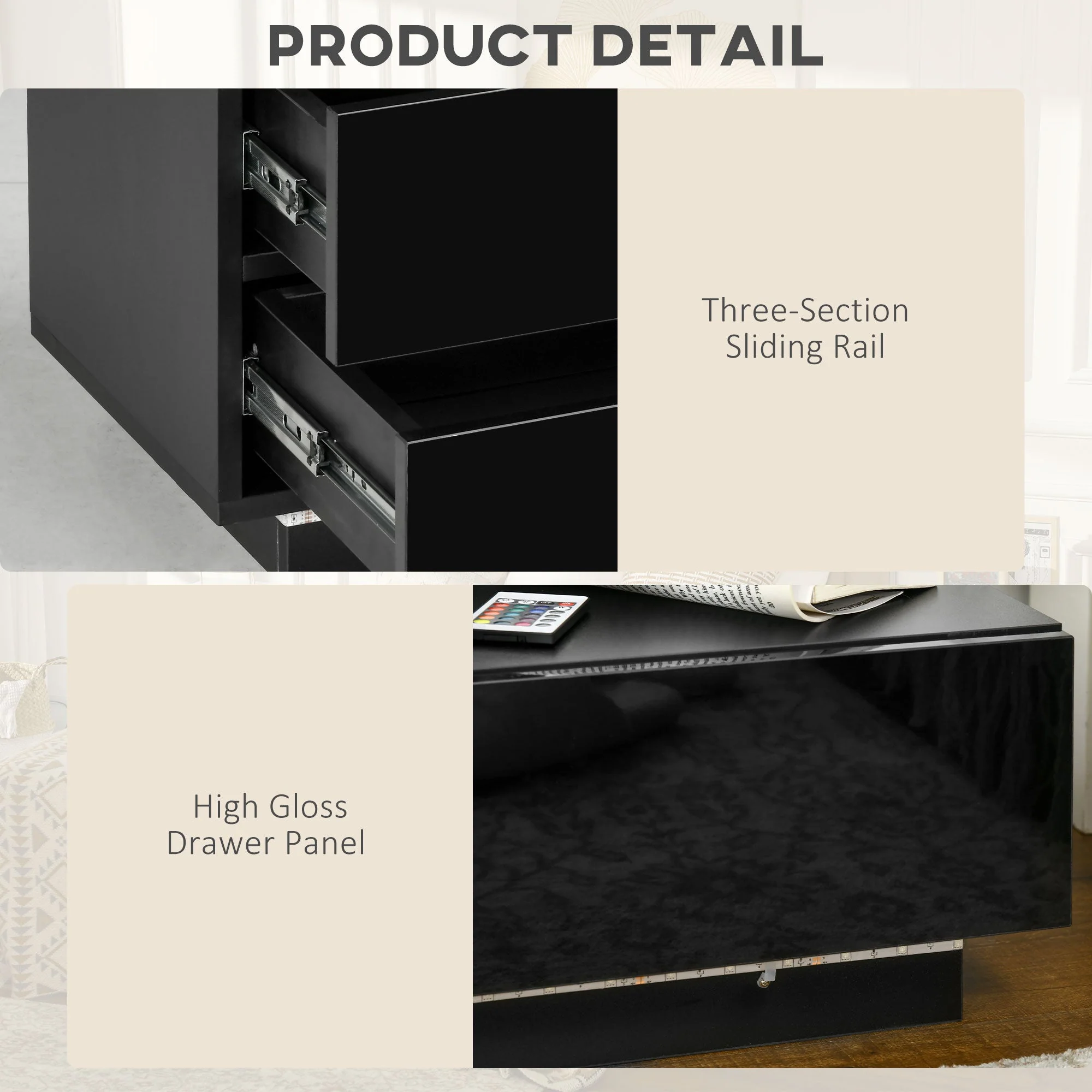High Gloss Front Bedside Table with Drawers Nightstand with RGB LED Light and Remote for Bedroom Living Room Black - Image 6