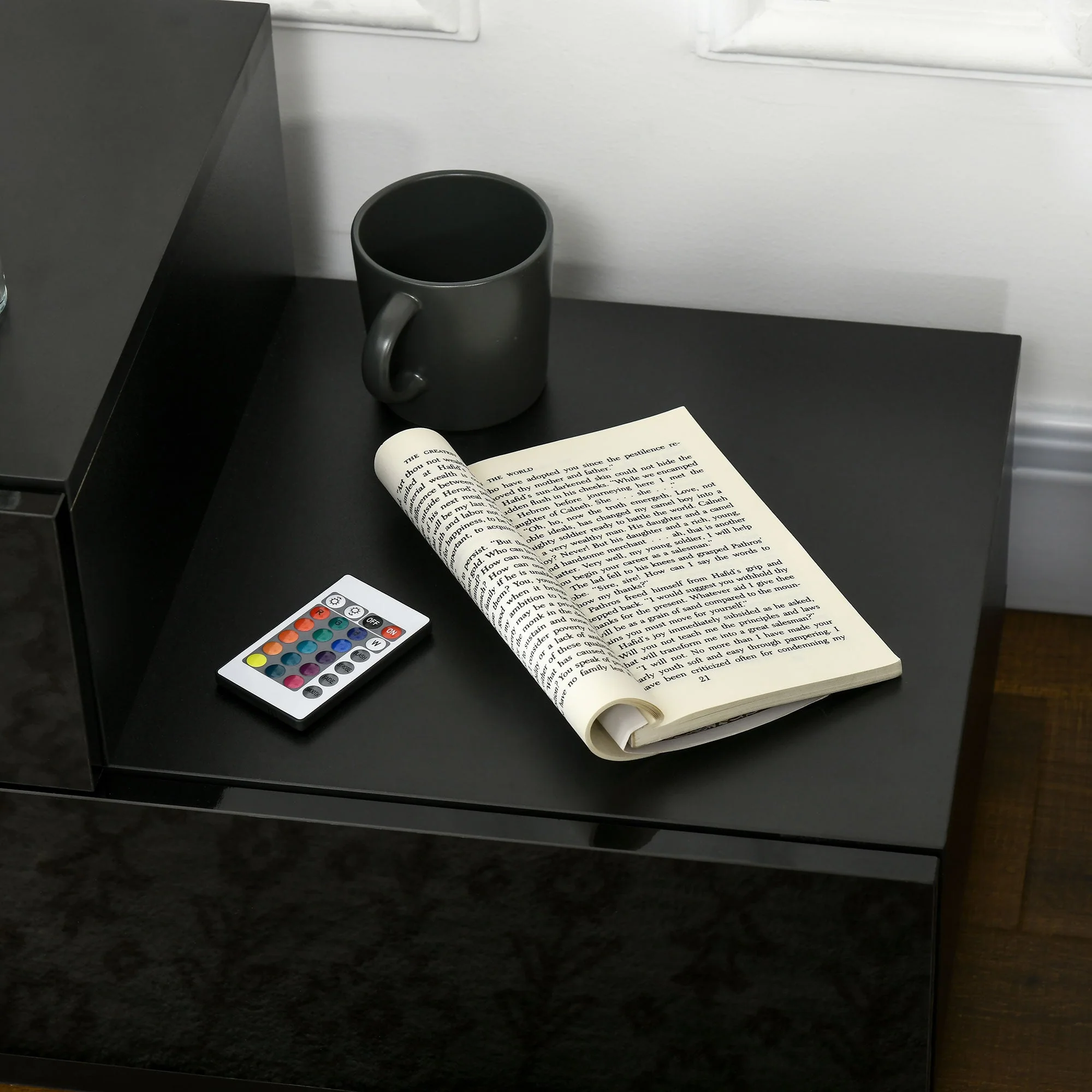 High Gloss Front Bedside Table with Drawers Nightstand with RGB LED Light and Remote for Bedroom Living Room Black - Image 8