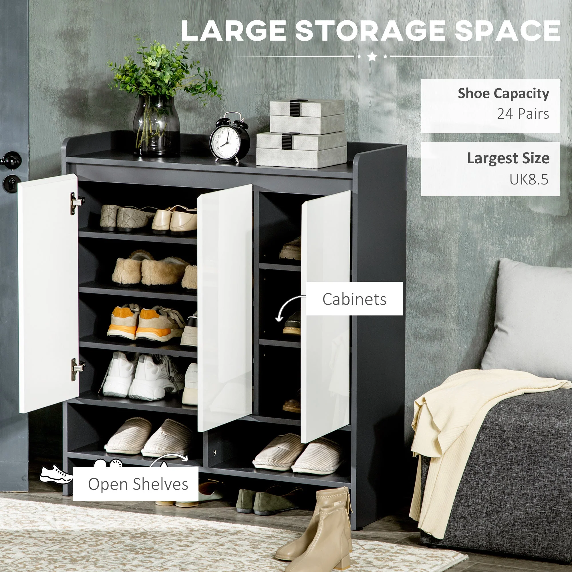 High Gloss Shoe Cabinet with White Doors and Open Shelves - Image 3