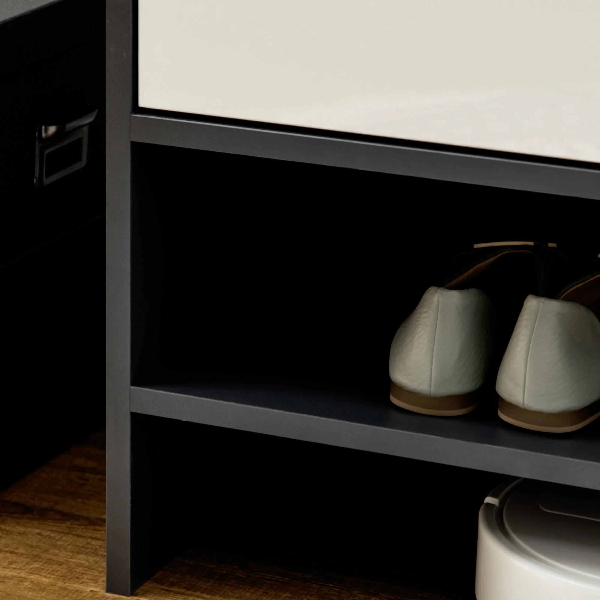 High Gloss Shoe Cabinet with White Doors and Open Shelves - Image 8