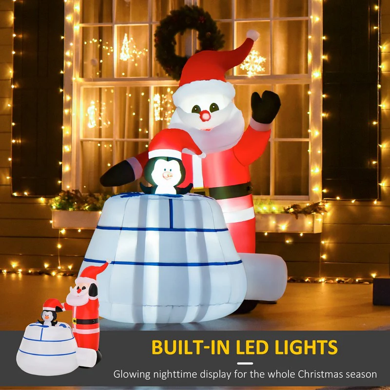 Homcom 1.6m Christmas Inflatable Penguin Santa Claus w/ Ice House Built-in LED Outdoor - Image 4