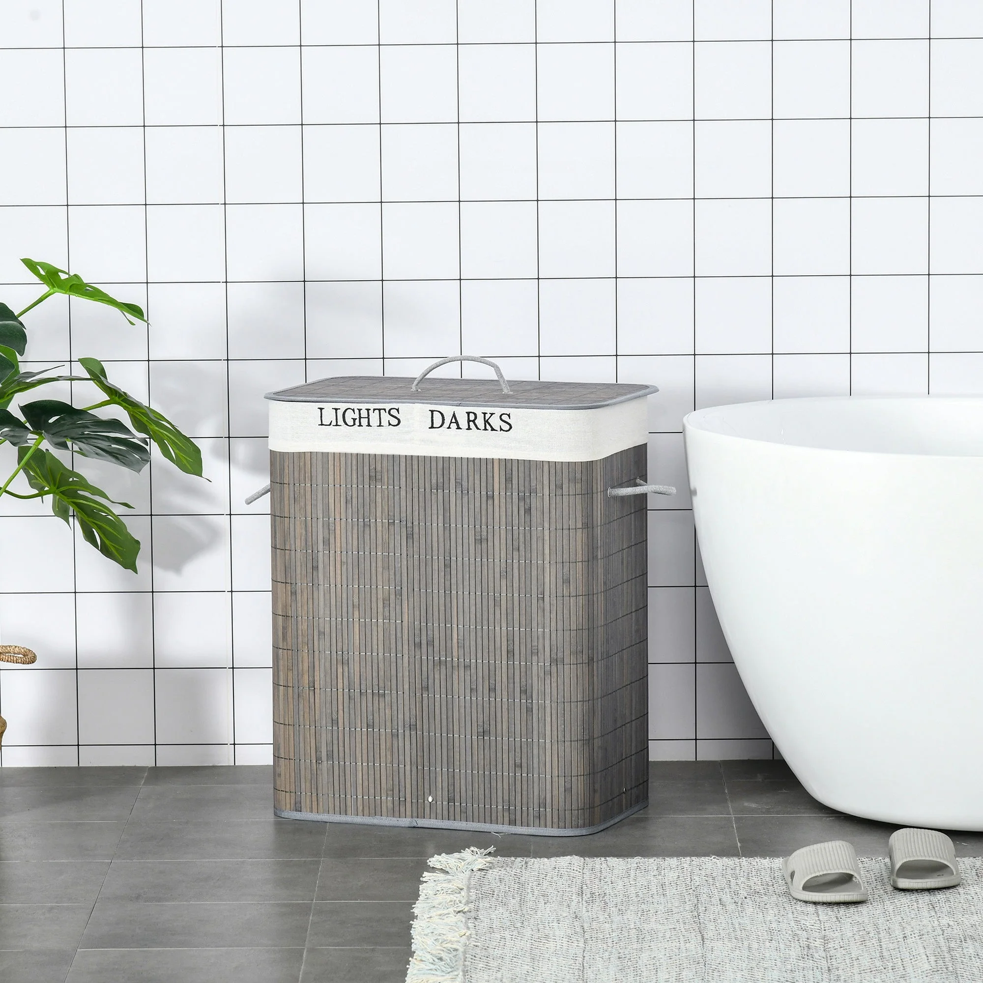 Homcom 100L Two-Compartment Wooden Laundry Basket With Flip Lid And Handles ? Grey - Image 2