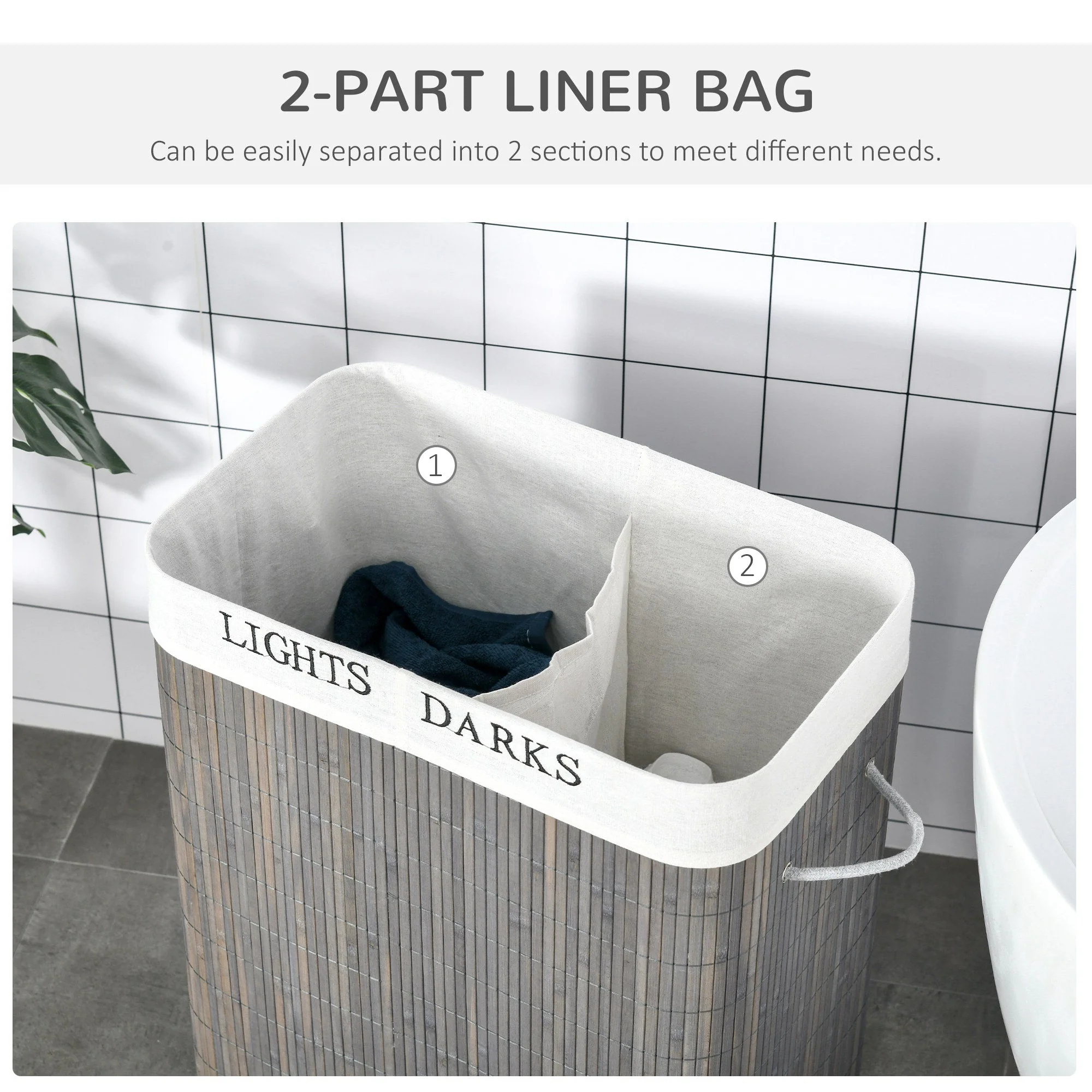 Homcom 100L Two-Compartment Wooden Laundry Basket With Flip Lid And Handles ? Grey - Image 5