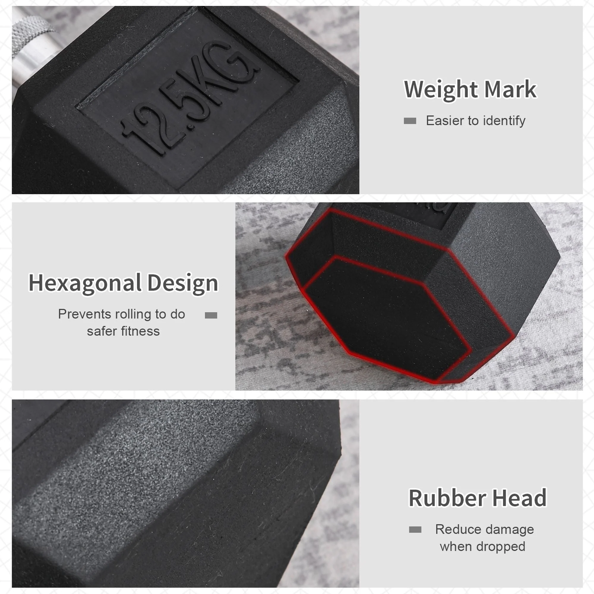 Homcom 12.5KG Single Rubber Hex Dumbbell Portable Hand Weights Dumbbell Home Gym - Image 4