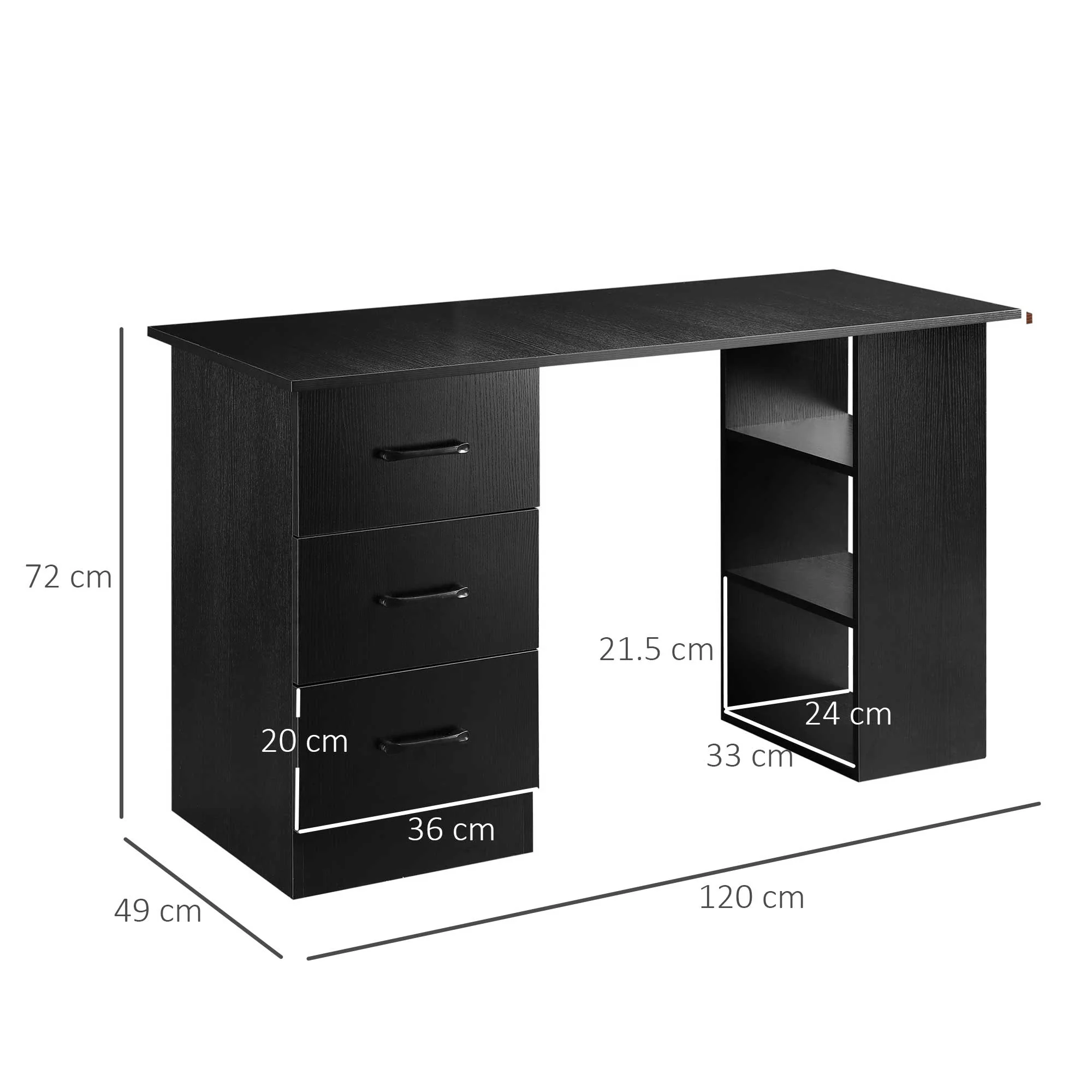 Homcom 120cm Computer Desk With Storage Shelves Drawers Writing Table Study Workstation For Home Office Black - Image 2