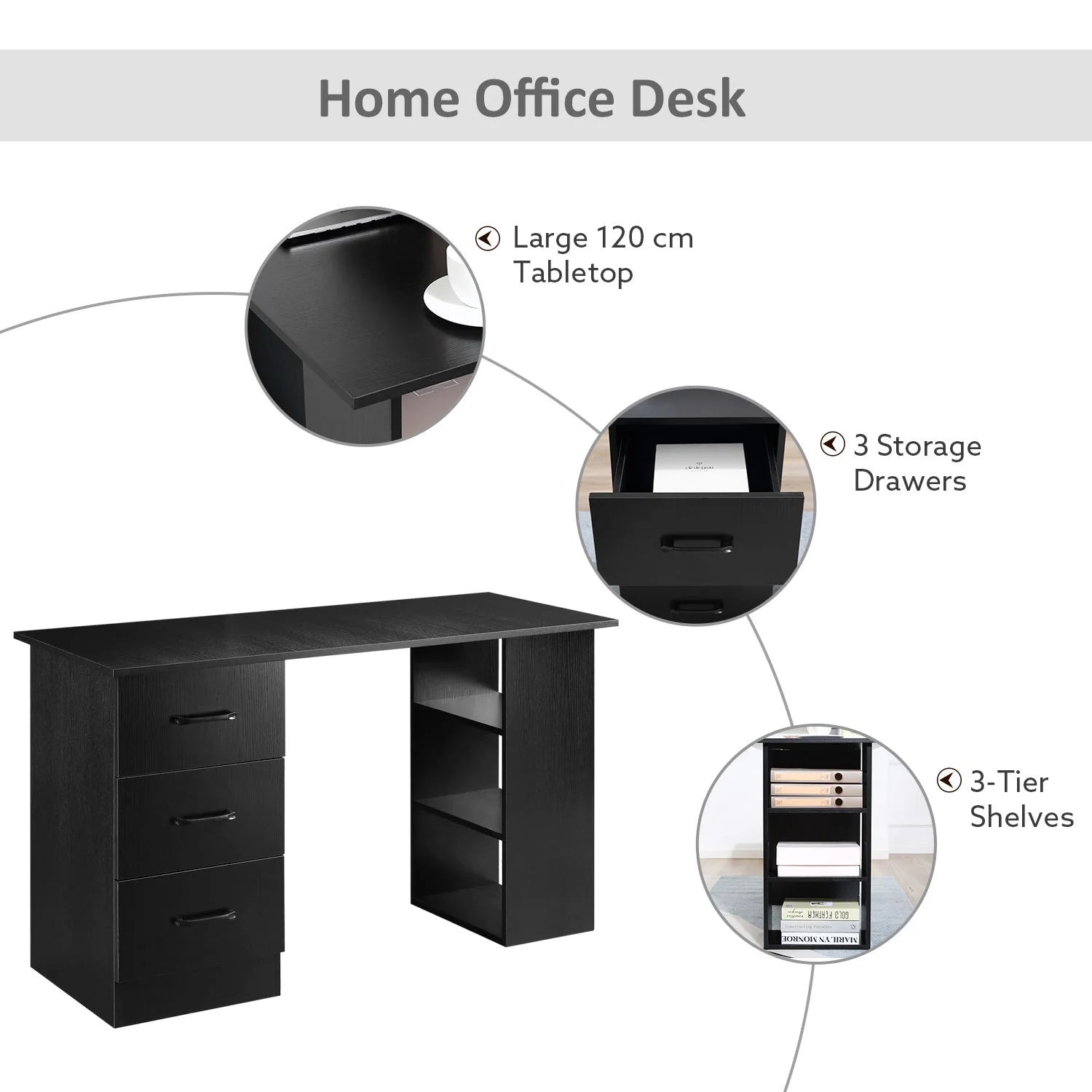 Homcom 120cm Computer Desk With Storage Shelves Drawers Writing Table Study Workstation For Home Office Black - Image 4