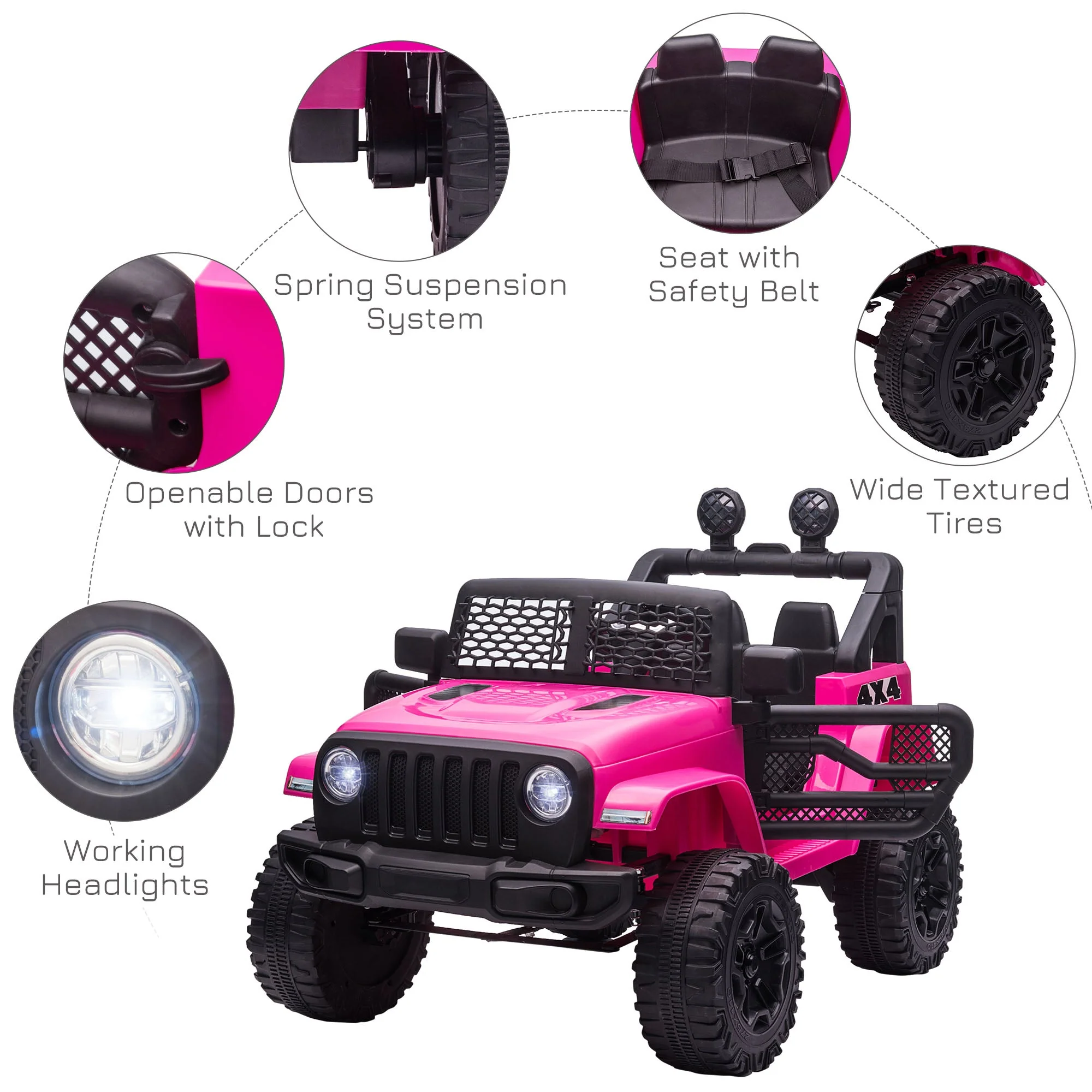 Homcom 12V Battery-powered 2 Motors Kids Electric Ride On Car Truck Off-road Toy with Parental Remote Control Horn Lights Suspension Wheels for 3-6 Years Old Pink - Image 6