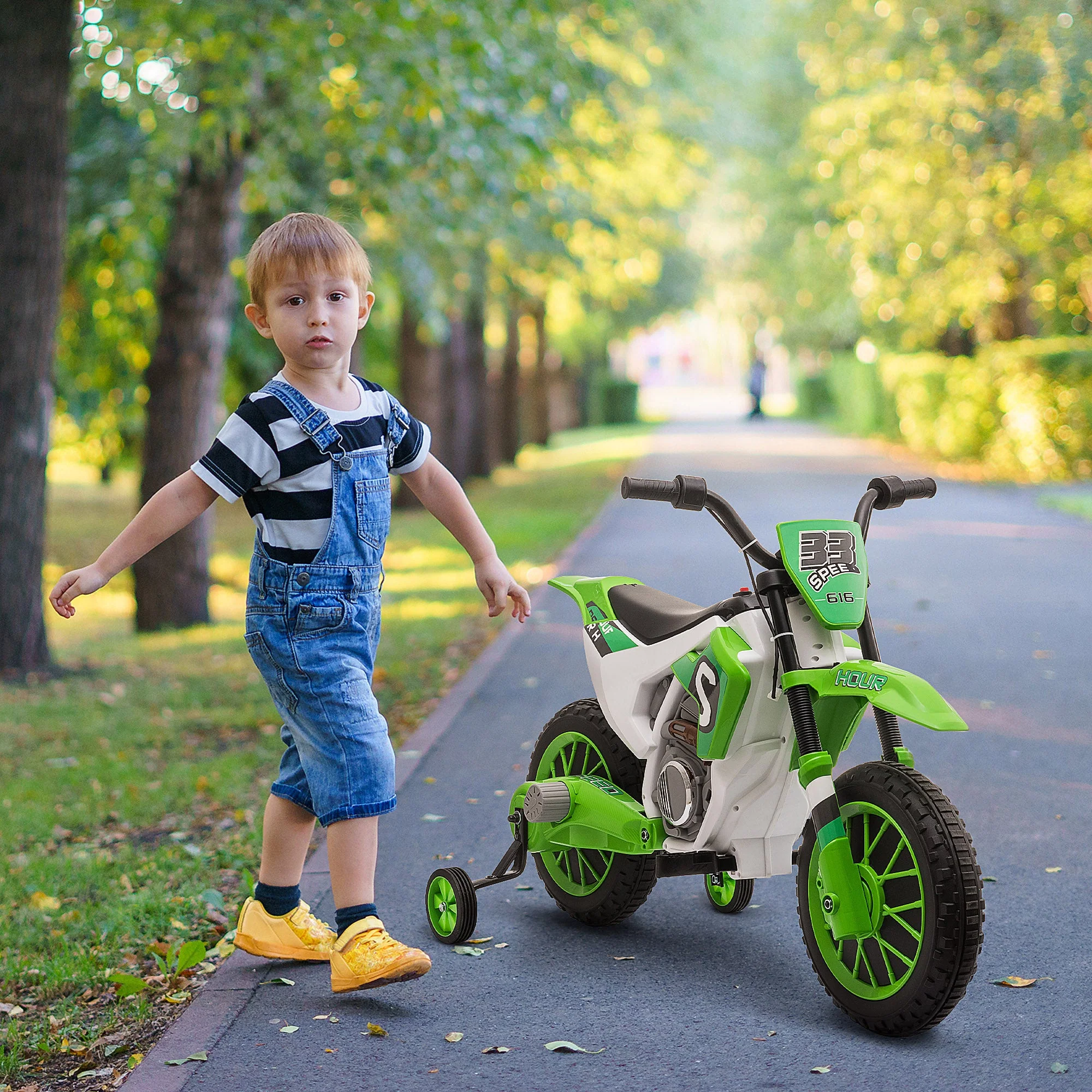 Homcom 12V Kids Electric Motorcycle Ride-On With Training Wheels For Ages 3-5 Years - Green - Image 2