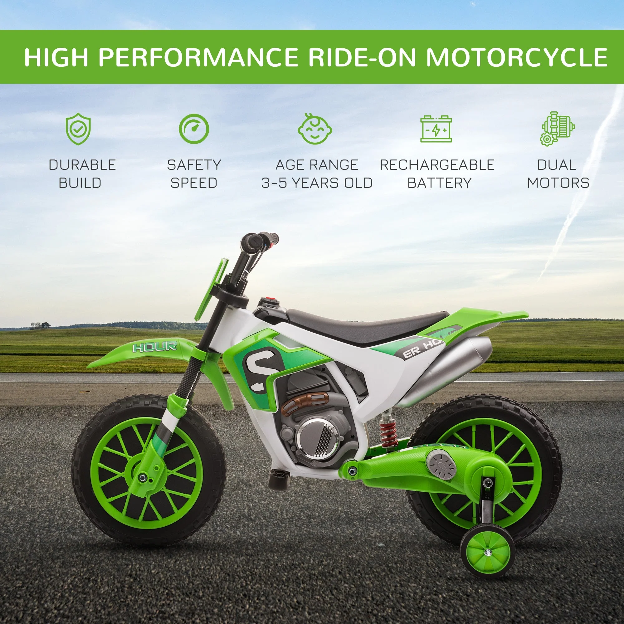 Homcom 12V Kids Electric Motorcycle Ride-On With Training Wheels For Ages 3-5 Years - Green - Image 4