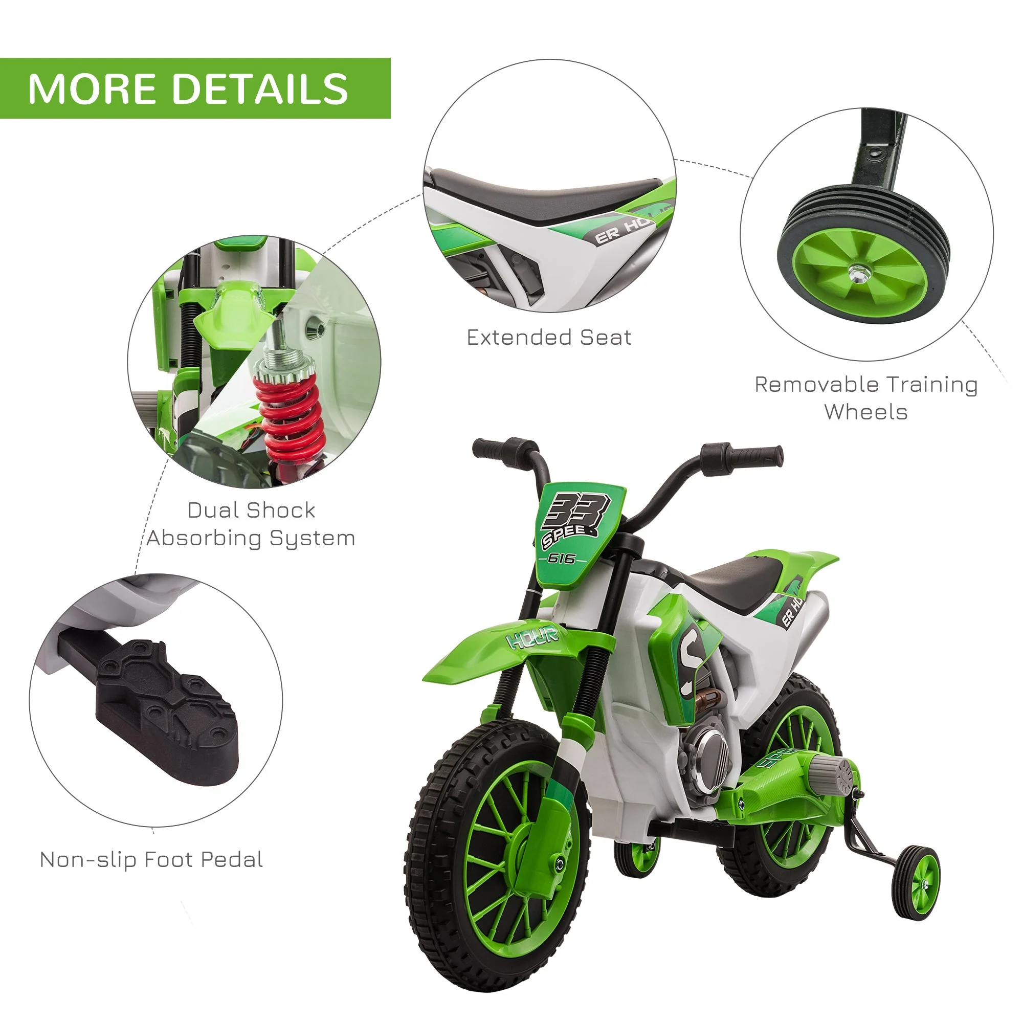 Homcom 12V Kids Electric Motorcycle Ride-On With Training Wheels For Ages 3-5 Years - Green - Image 6