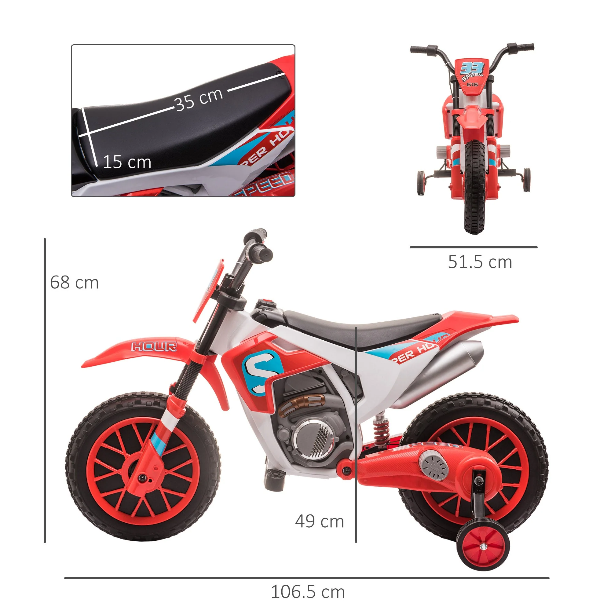 Homcom 12V Kids Electric Motorcycle Ride-On With Training Wheels For Ages 3-6 Years - Red - Image 2