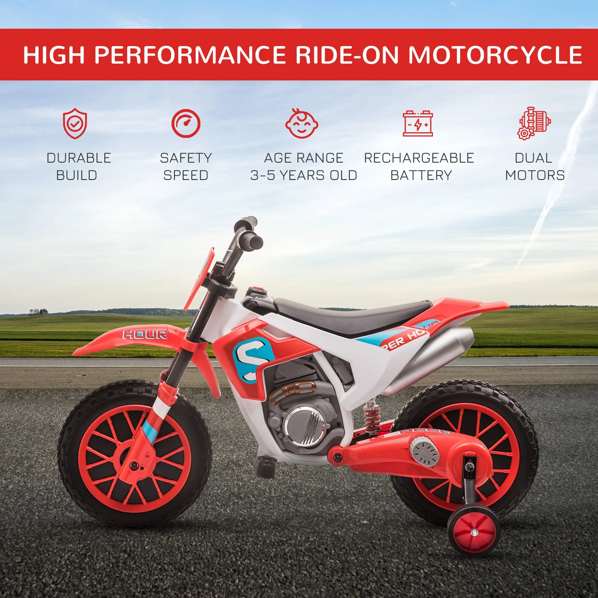 Homcom 12V Kids Electric Motorcycle Ride-On With Training Wheels For Ages 3-6 Years - Red - Image 3