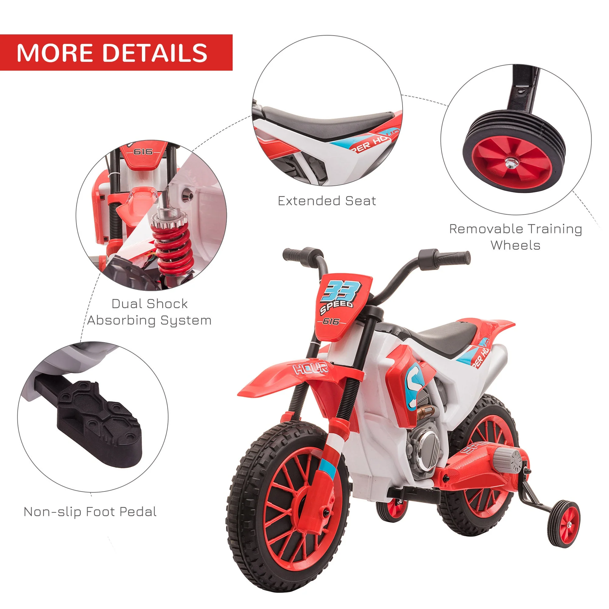 Homcom 12V Kids Electric Motorcycle Ride-On With Training Wheels For Ages 3-6 Years - Red - Image 5