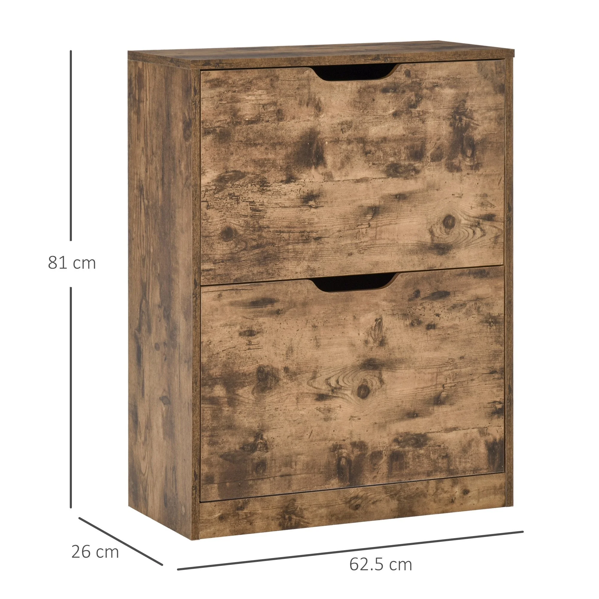 Homcom 2 Drawer Shoe Cabinet Industrial Shoe Cupboard With Flip Doors Rustic Brown - Image 2