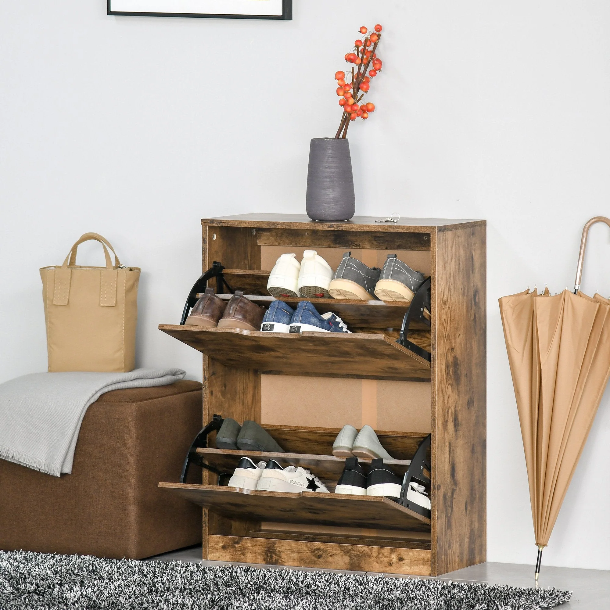 Homcom 2 Drawer Shoe Cabinet Industrial Shoe Cupboard With Flip Doors Rustic Brown - Image 6