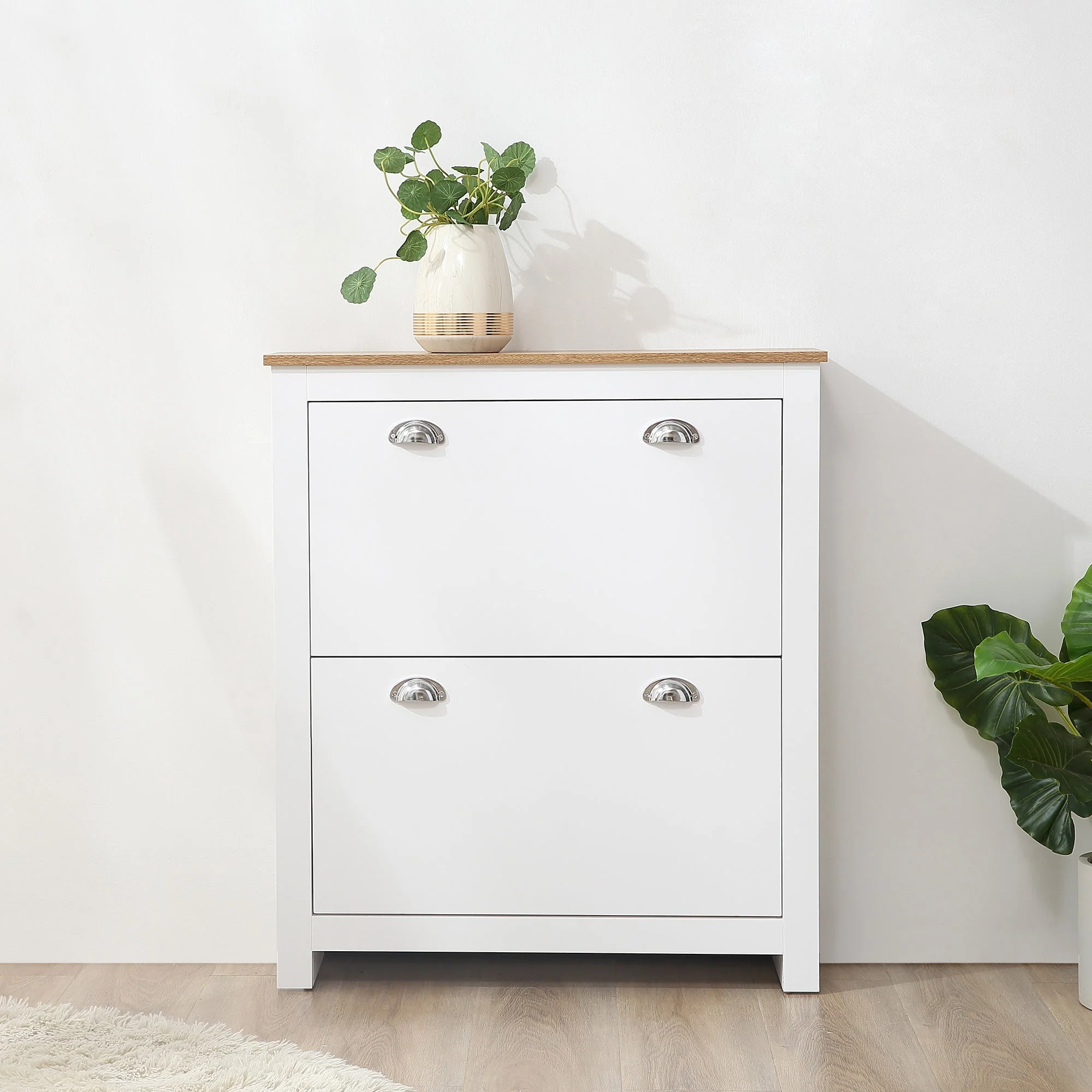Homcom 2 Drawer Shoe Cabinet Narrow Shoe Cupboard With Flip Doors Adjustable Shelf - Image 2