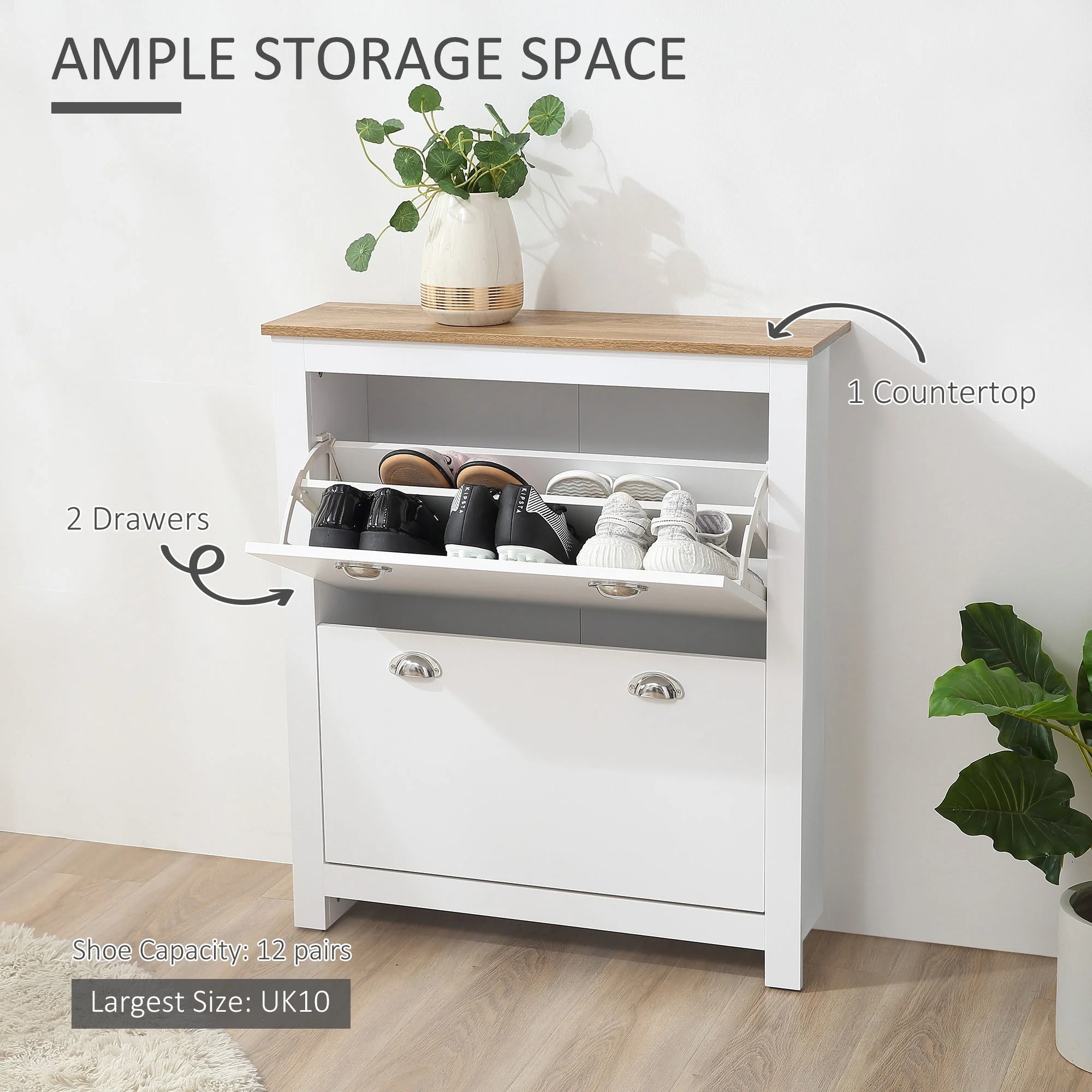 Homcom 2 Drawer Shoe Cabinet Narrow Shoe Cupboard With Flip Doors Adjustable Shelf - Image 4