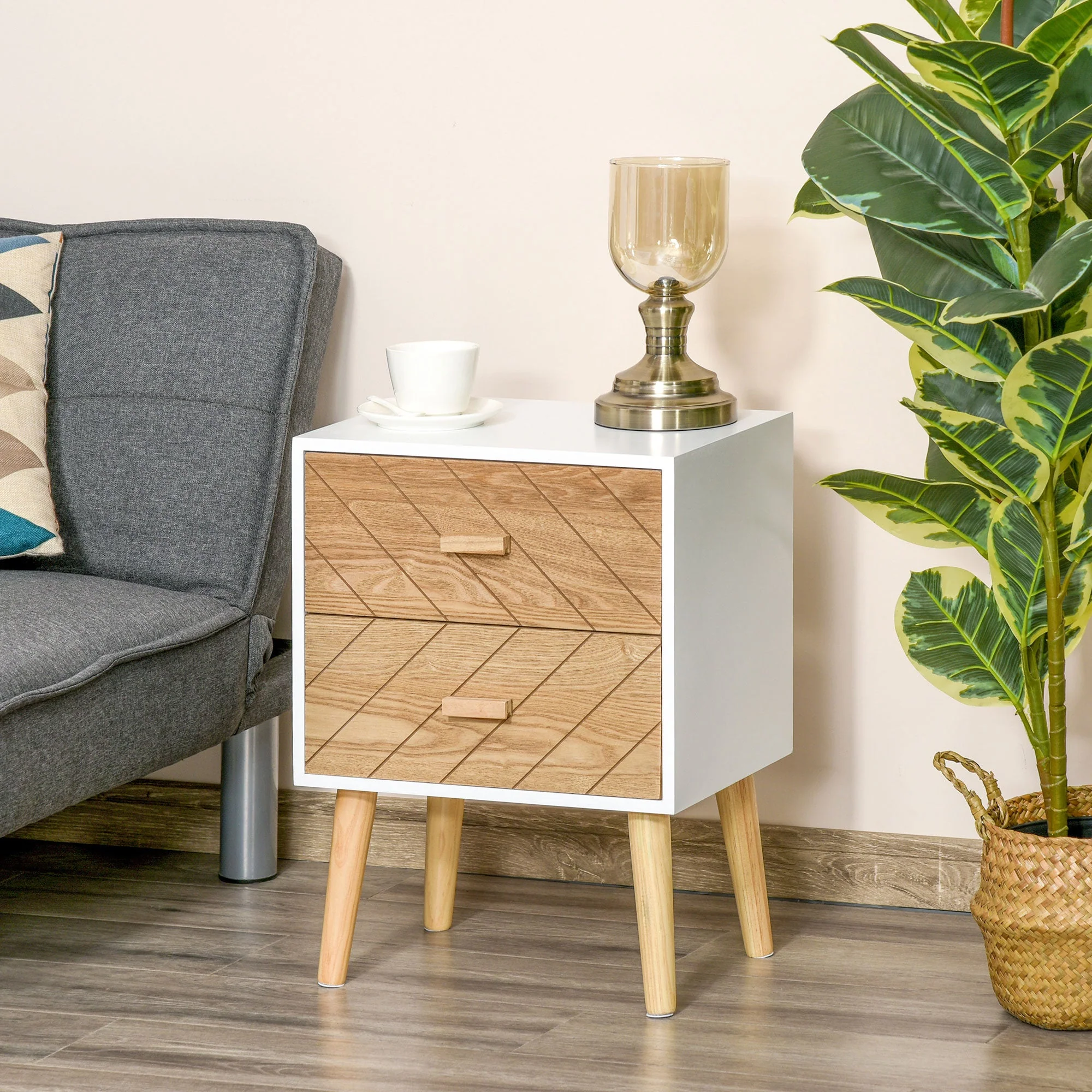 Homcom 2 Drawers Bedside Table With Pine Legs Bedroom Wooden Storage Cabinet Natural - Image 2