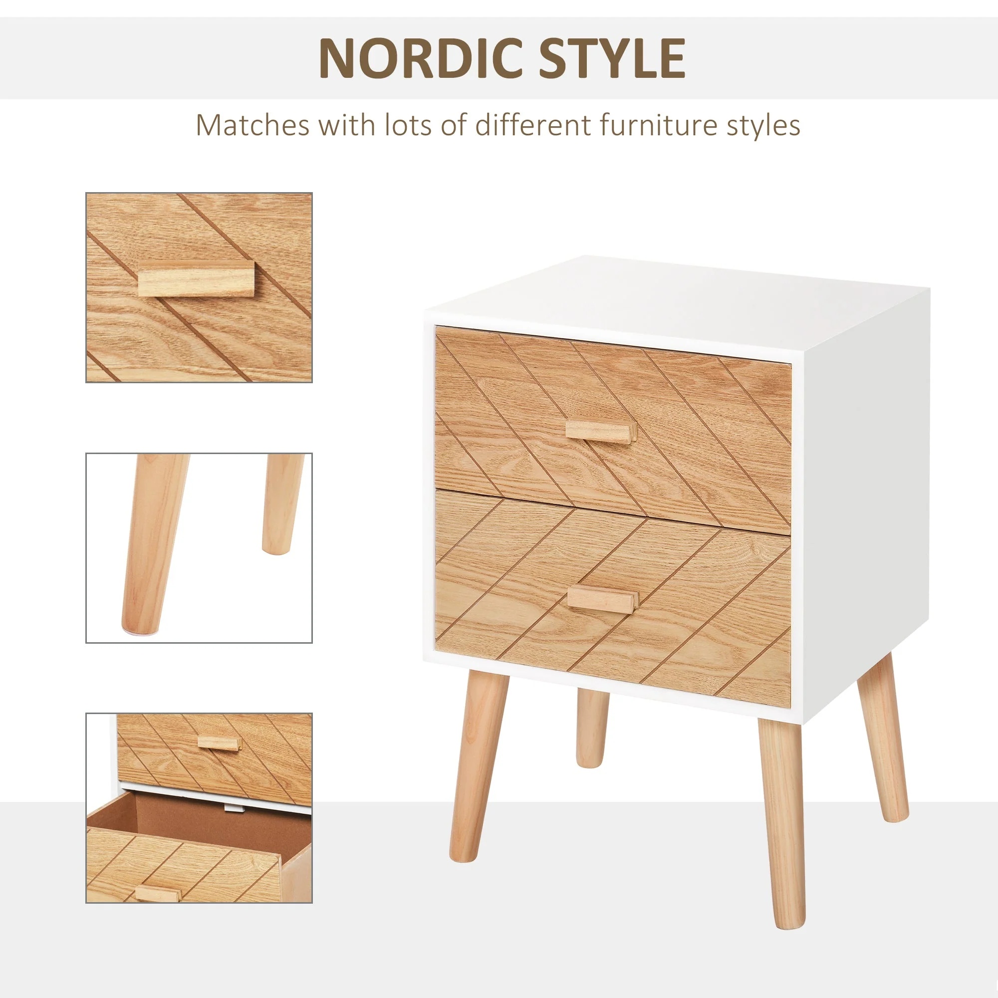 Homcom 2 Drawers Bedside Table With Pine Legs Bedroom Wooden Storage Cabinet Natural - Image 5