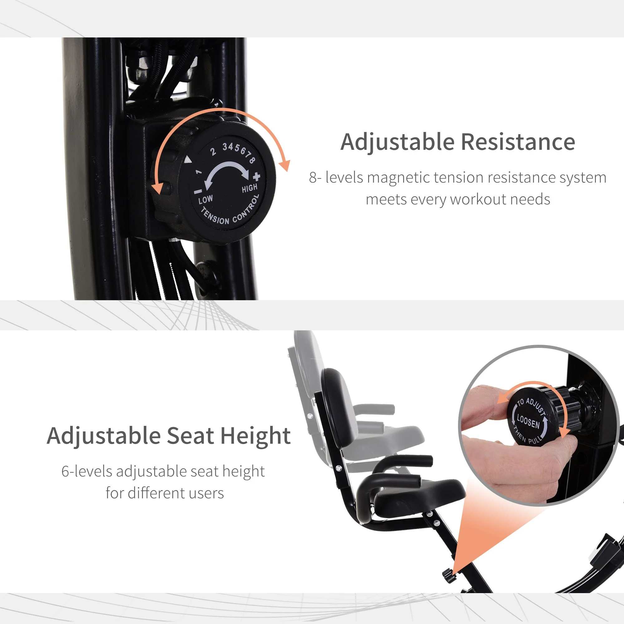 Homcom 2-in-1 Foldable Exercise Bike Recumbent Stationary Bike 8-Level Adjustable Magnetic Resistance with Pulse Sensor LCD Display - Image 5