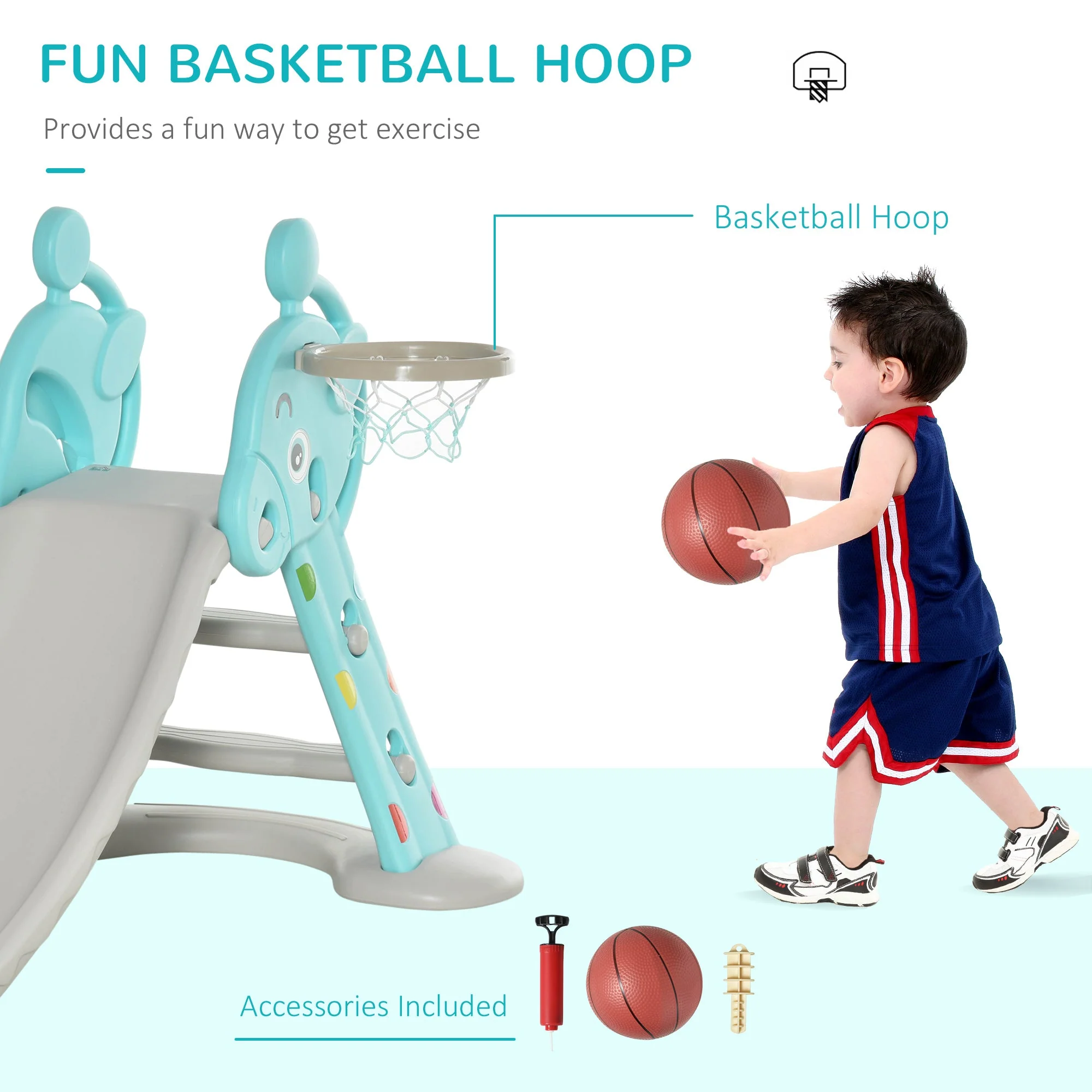 Homcom 2 in 1 Kids Slide with Basketball Hoop 18 months -4 Years Old Deer Blue - Image 6