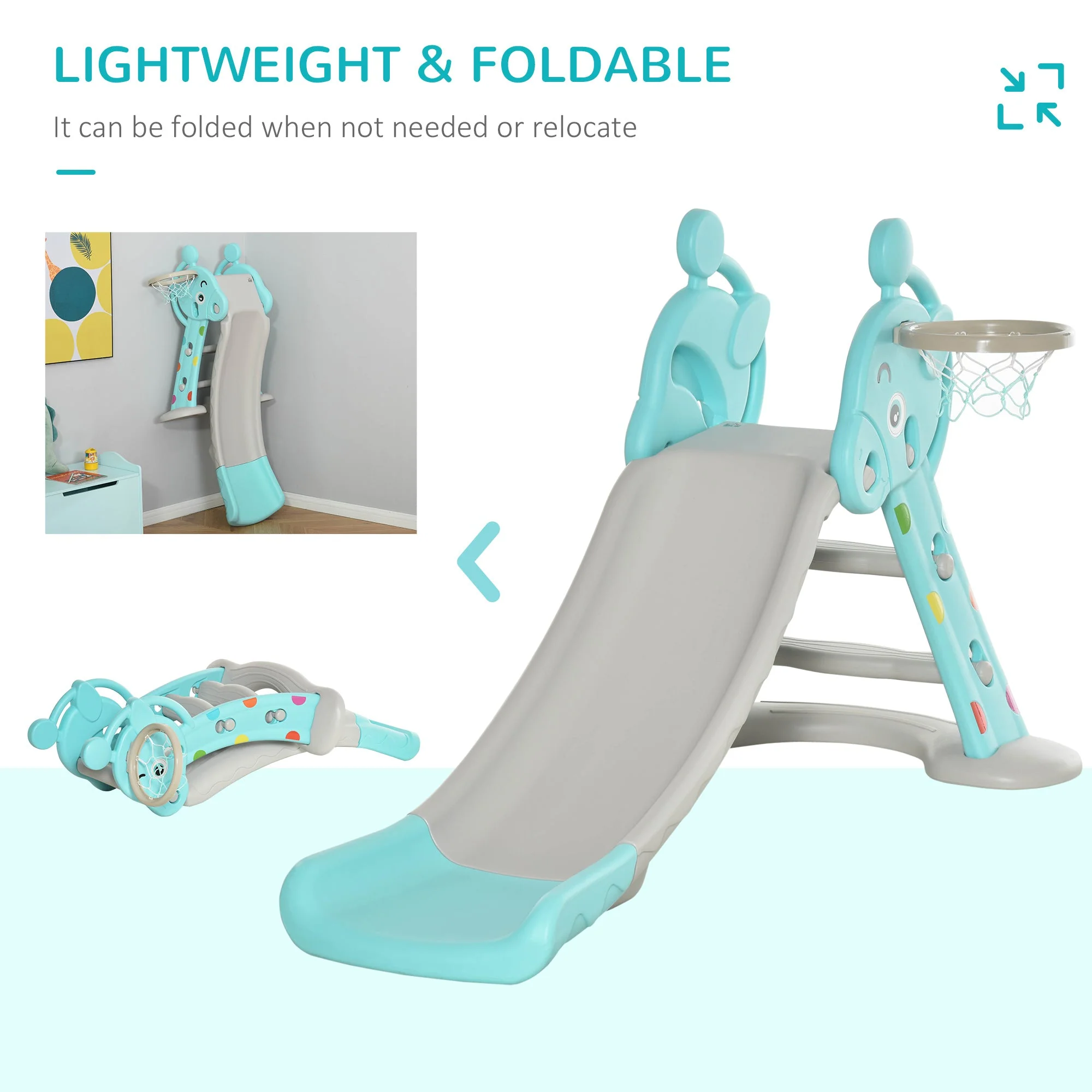 Homcom 2 in 1 Kids Slide with Basketball Hoop 18 months -4 Years Old Deer Blue - Image 7