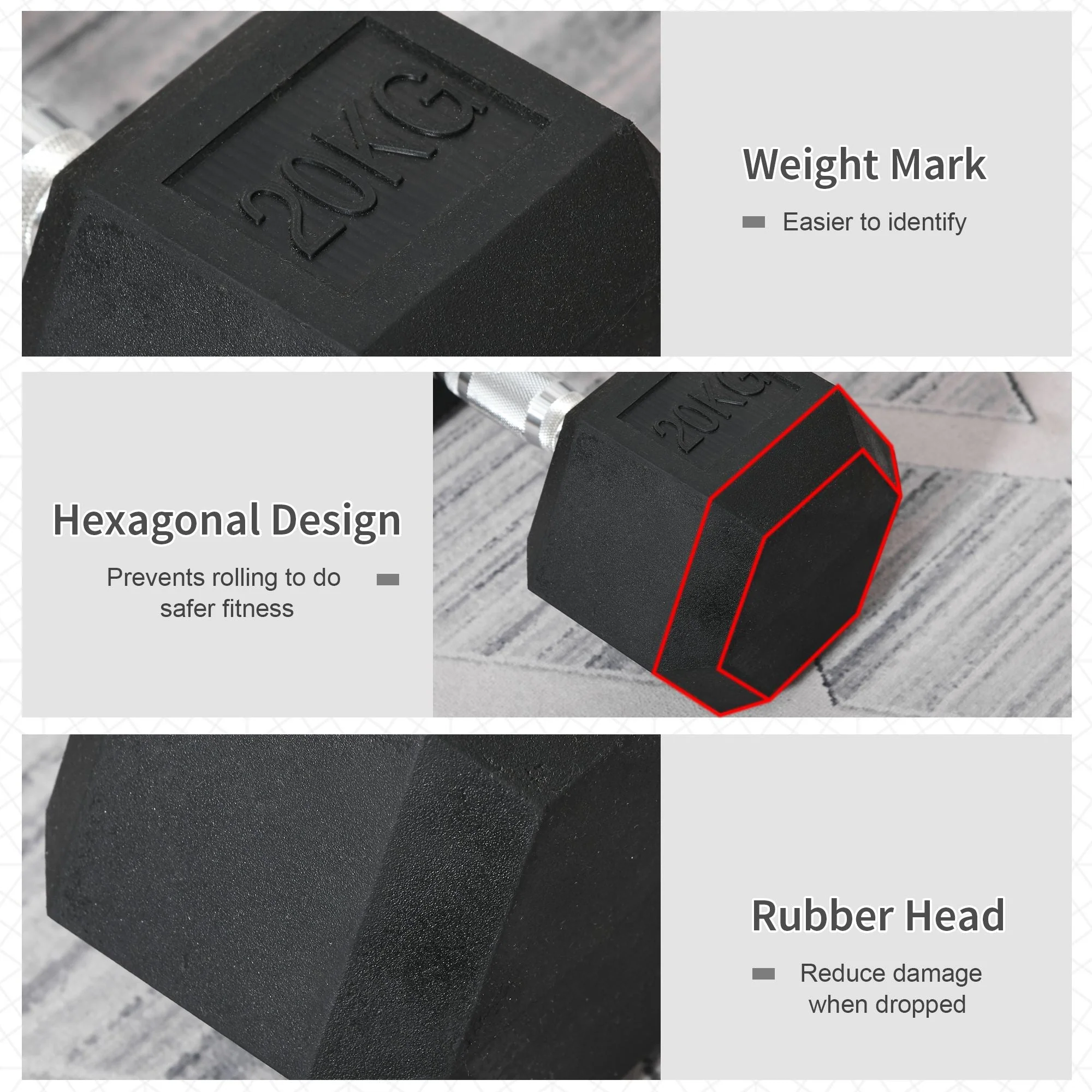 Homcom 20KG Single Rubber Hex Dumbbell Portable Hand Weights Dumbbell Home Gym - Image 3