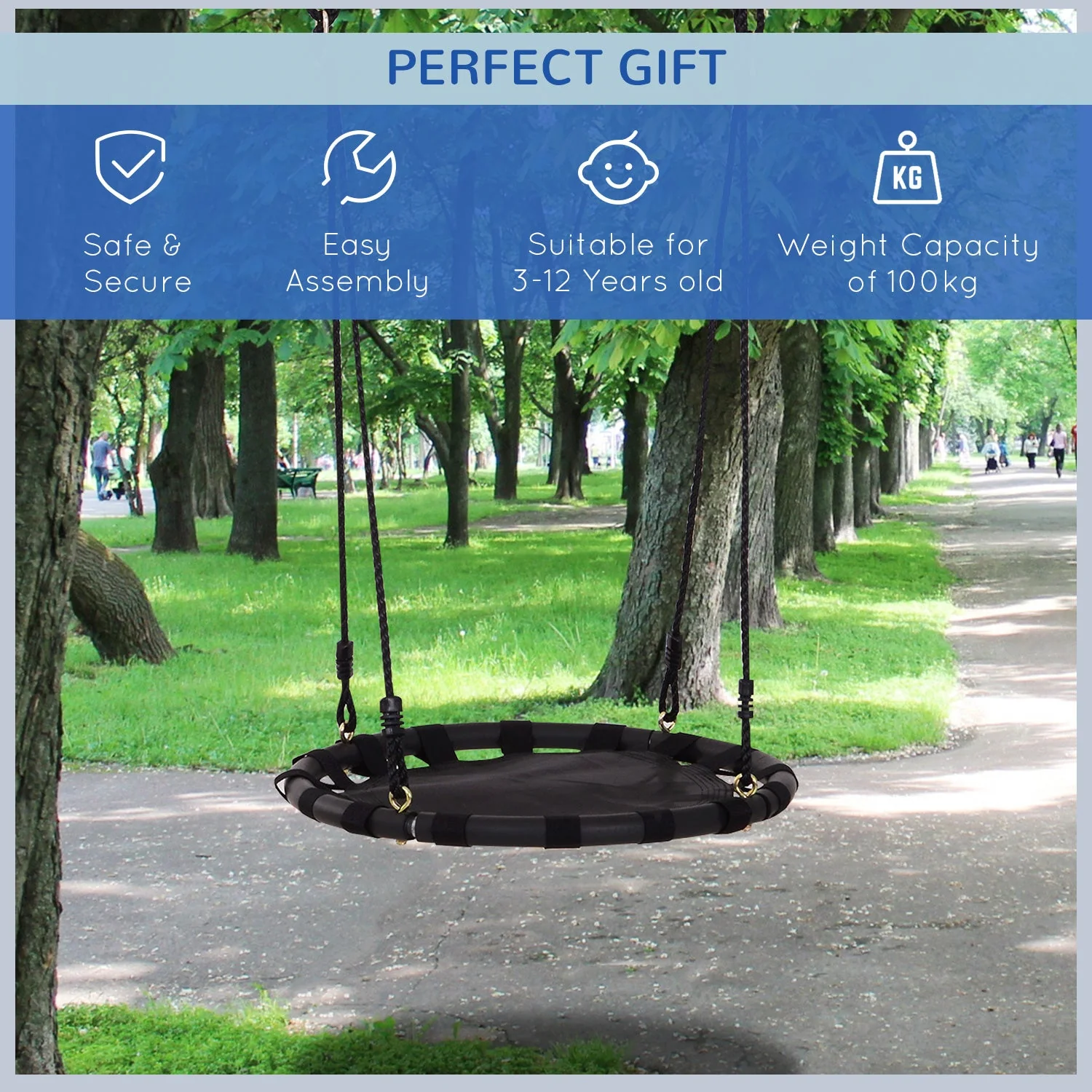 Homcom 23.5 Inch/ 60 cm Kids Nest Swing Seat Round Hanging Tree Metal Frame Backyard Playground Outdoor Garden Backyard Play Toy Black - Image 4