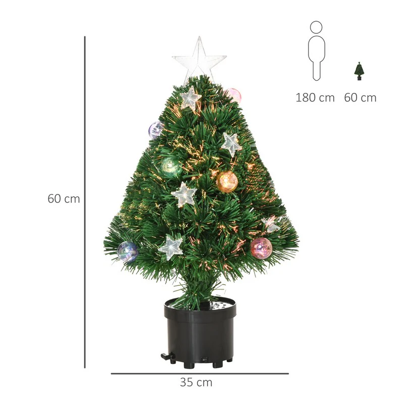 Homcom 2FT Pre-Lit Artificial Christmas Tree Tabletop Multicoloured Fibre Optic Xmas Decoration with LED Lights Green - Image 2