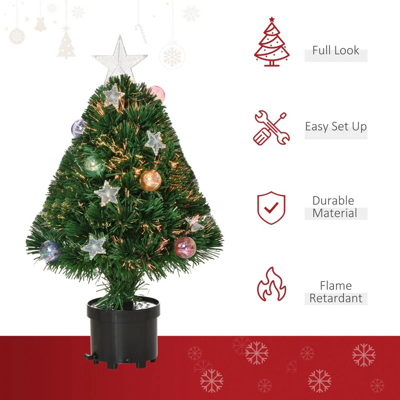 Homcom 2FT Pre-Lit Artificial Christmas Tree Tabletop Multicoloured Fibre Optic Xmas Decoration with LED Lights Green - Image 3