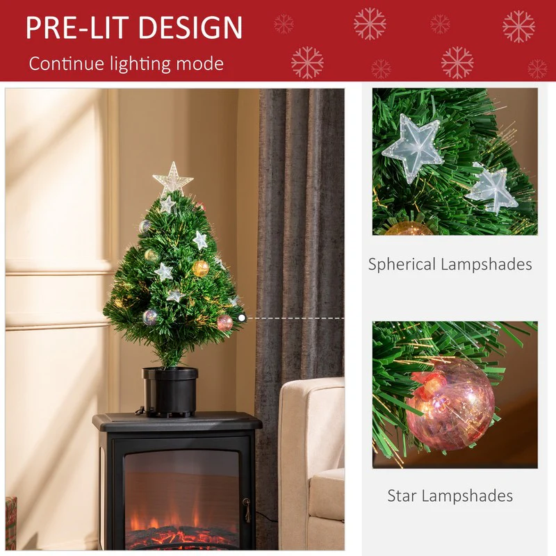 Homcom 2FT Pre-Lit Artificial Christmas Tree Tabletop Multicoloured Fibre Optic Xmas Decoration with LED Lights Green - Image 4