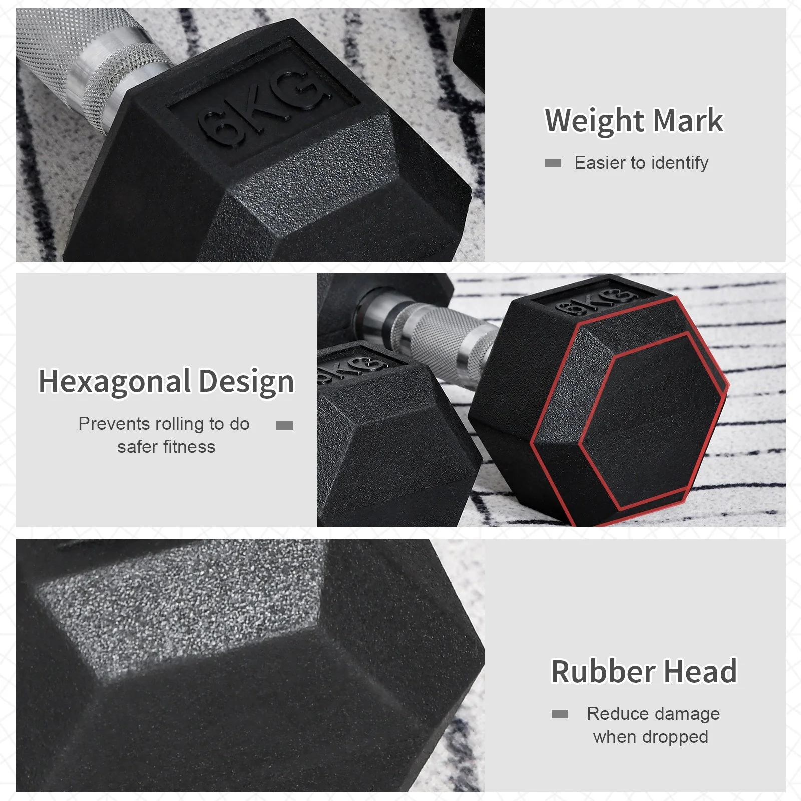 Homcom 2x6kg Hex Dumbbells Set Rubber Dumbbells Weight Lifting Equipment Fitness Home Gym - Image 4