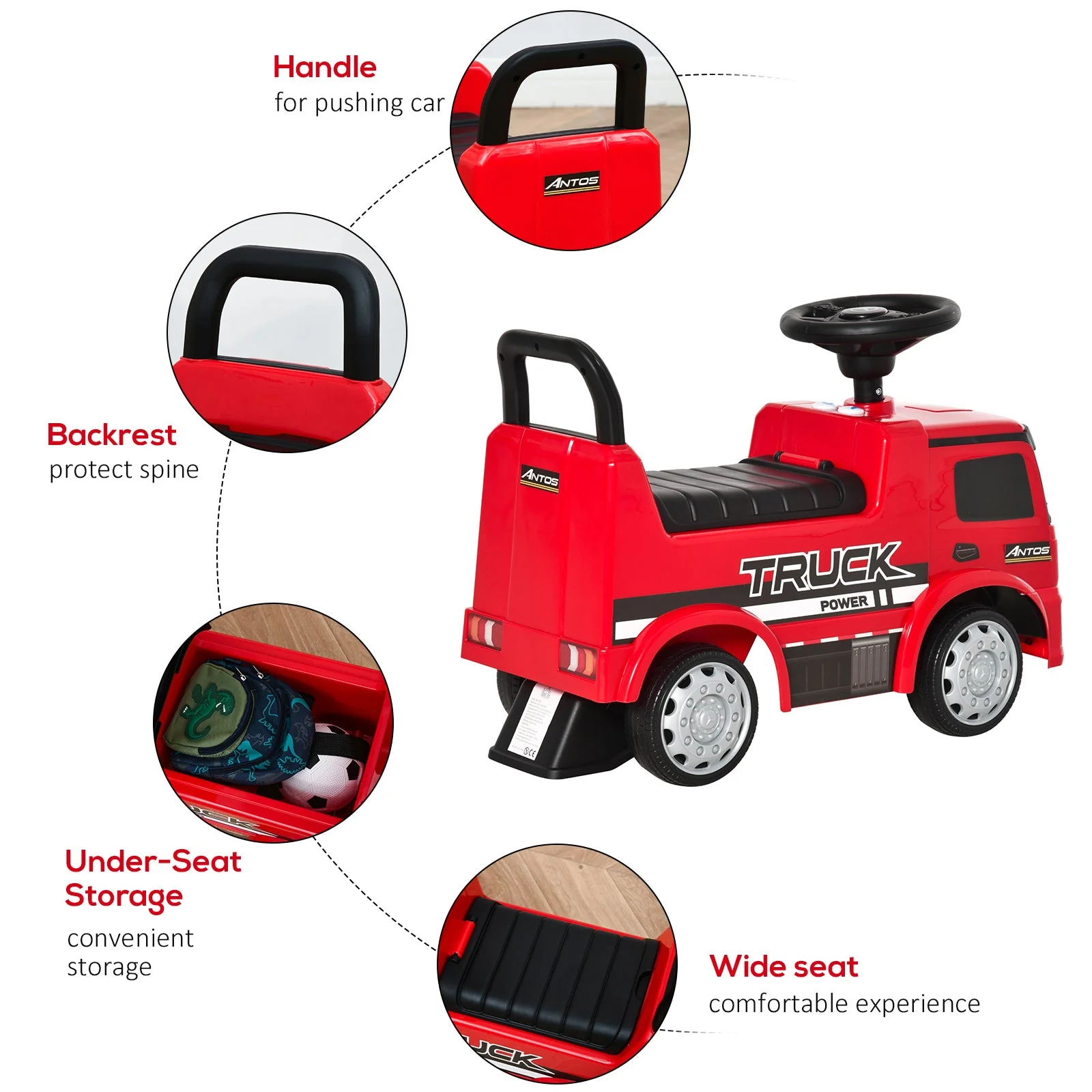 Homcom 3-In-1 Ride On Car Kids Mercedes Truck Storage Handle For 12 - 36 Months Red - Image 7