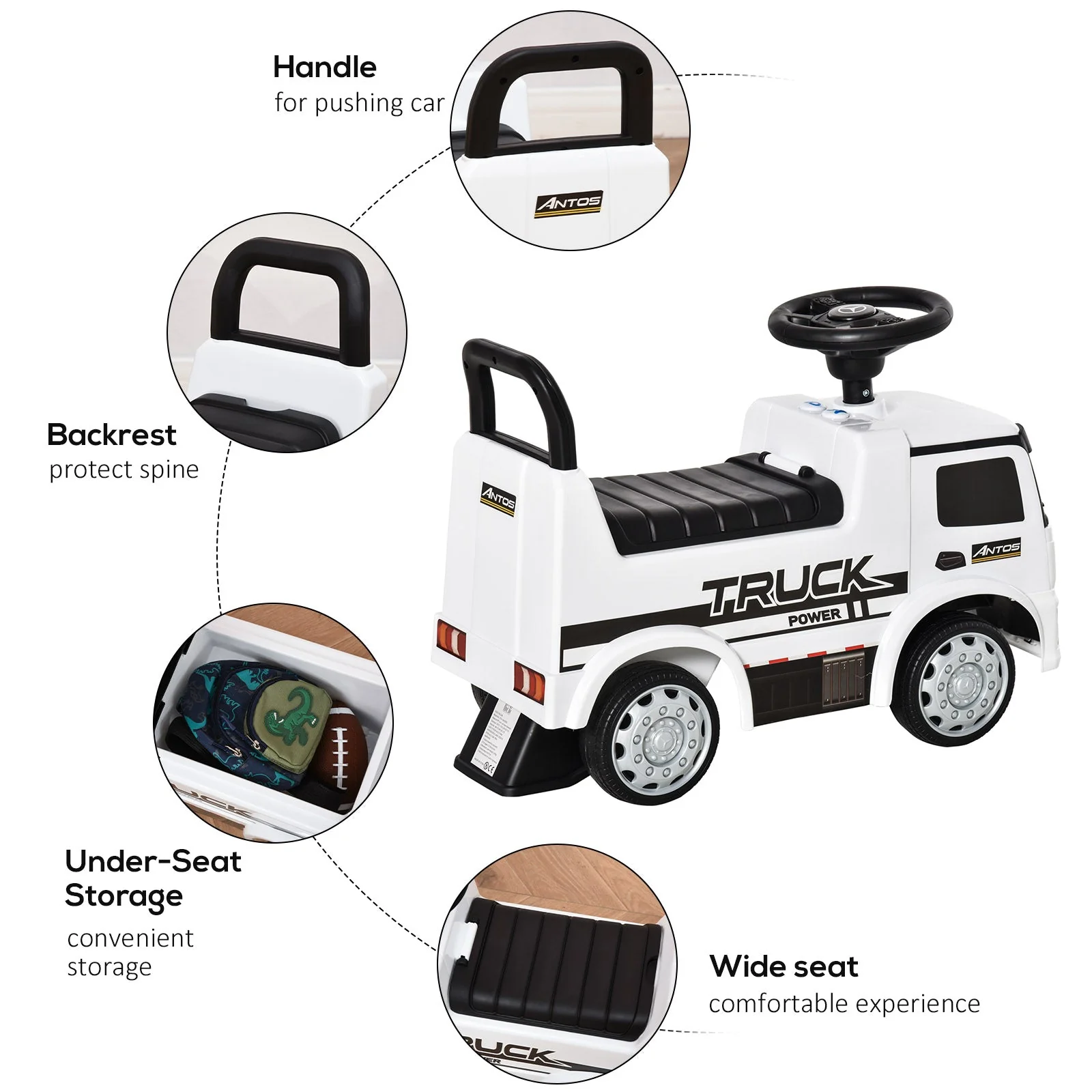 Homcom 3-In-1 Ride On Car Kids Mercedes Truck Storage Handle For 12 - 36 Months White - Image 7