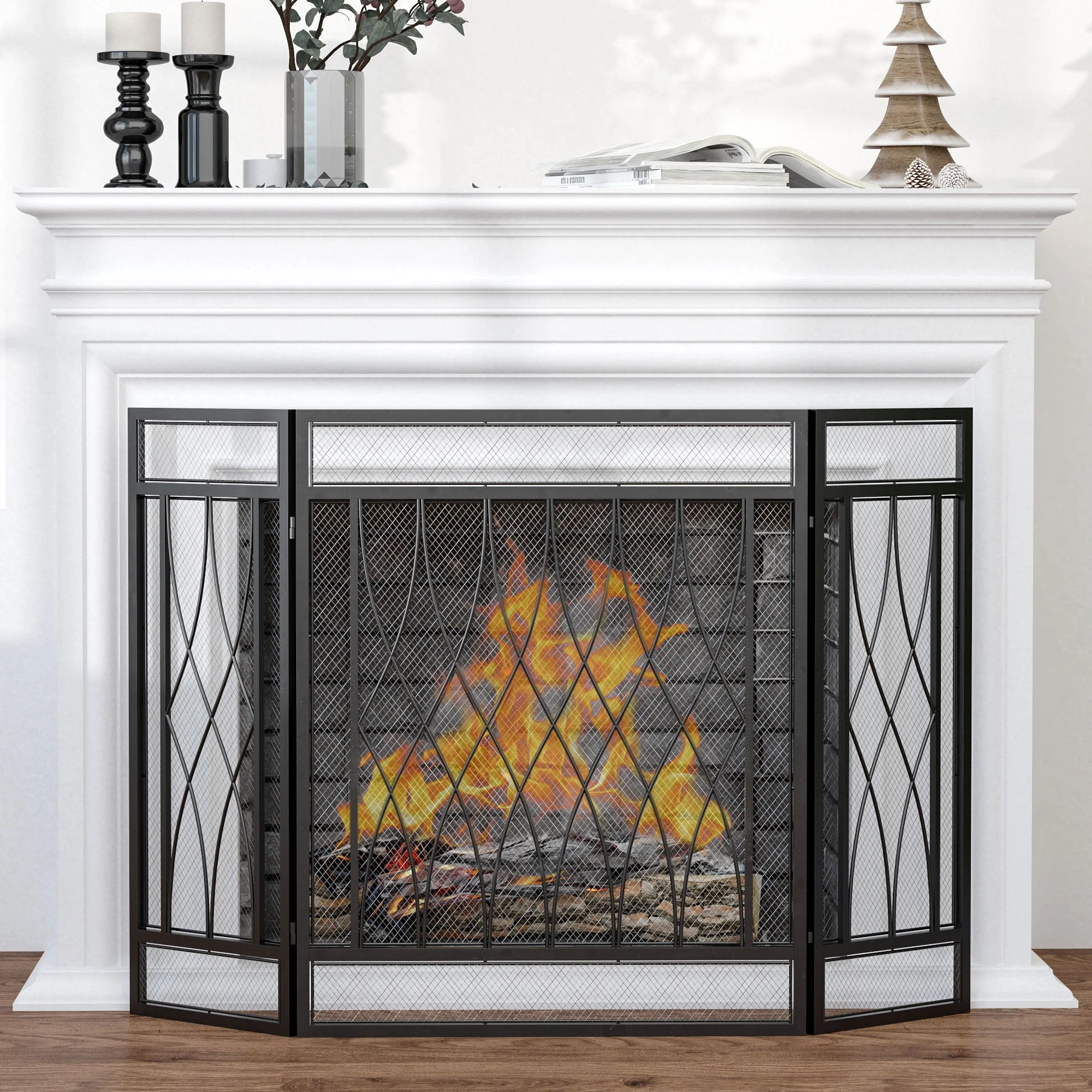 Homcom 3-Panel Folding Fireplace Screen Home Metal Mesh Fire Spark Guard 126L X 3W X 80H cm-Black - Image 2