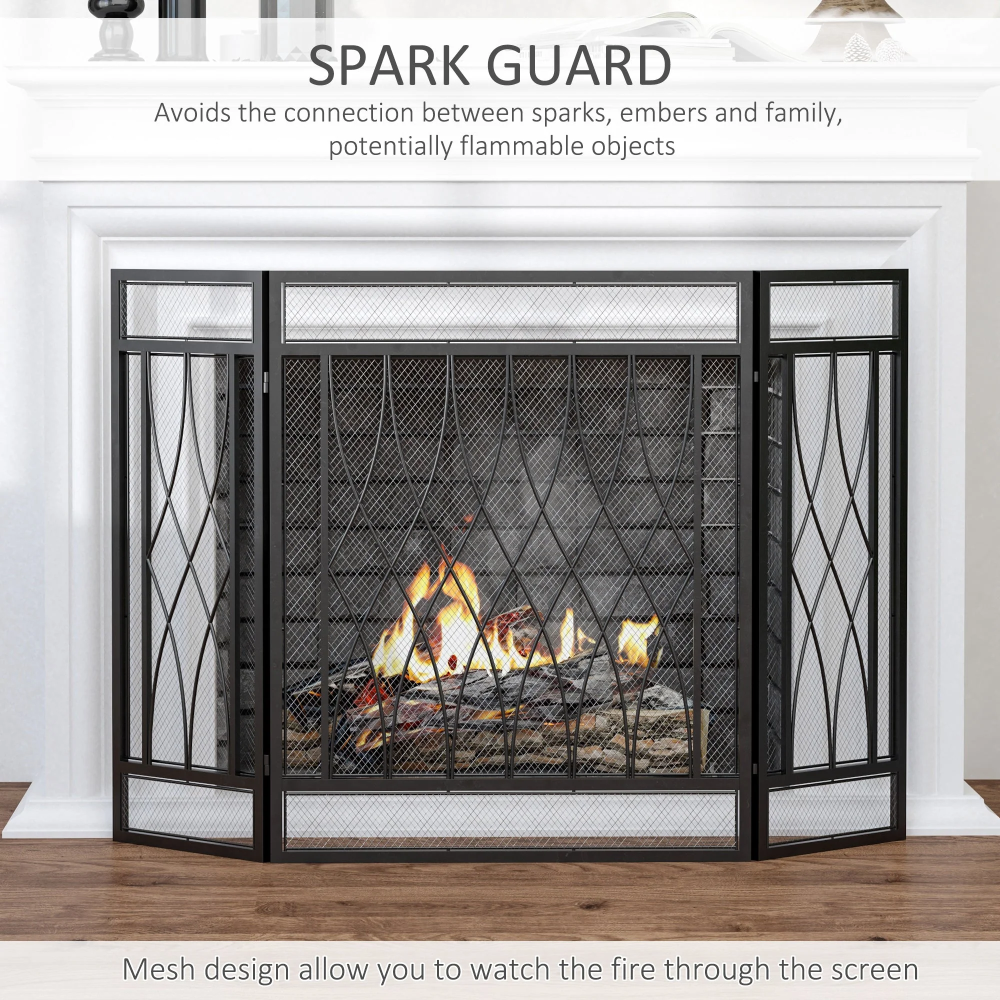 Homcom 3-Panel Folding Fireplace Screen Home Metal Mesh Fire Spark Guard 126L X 3W X 80H cm-Black - Image 4