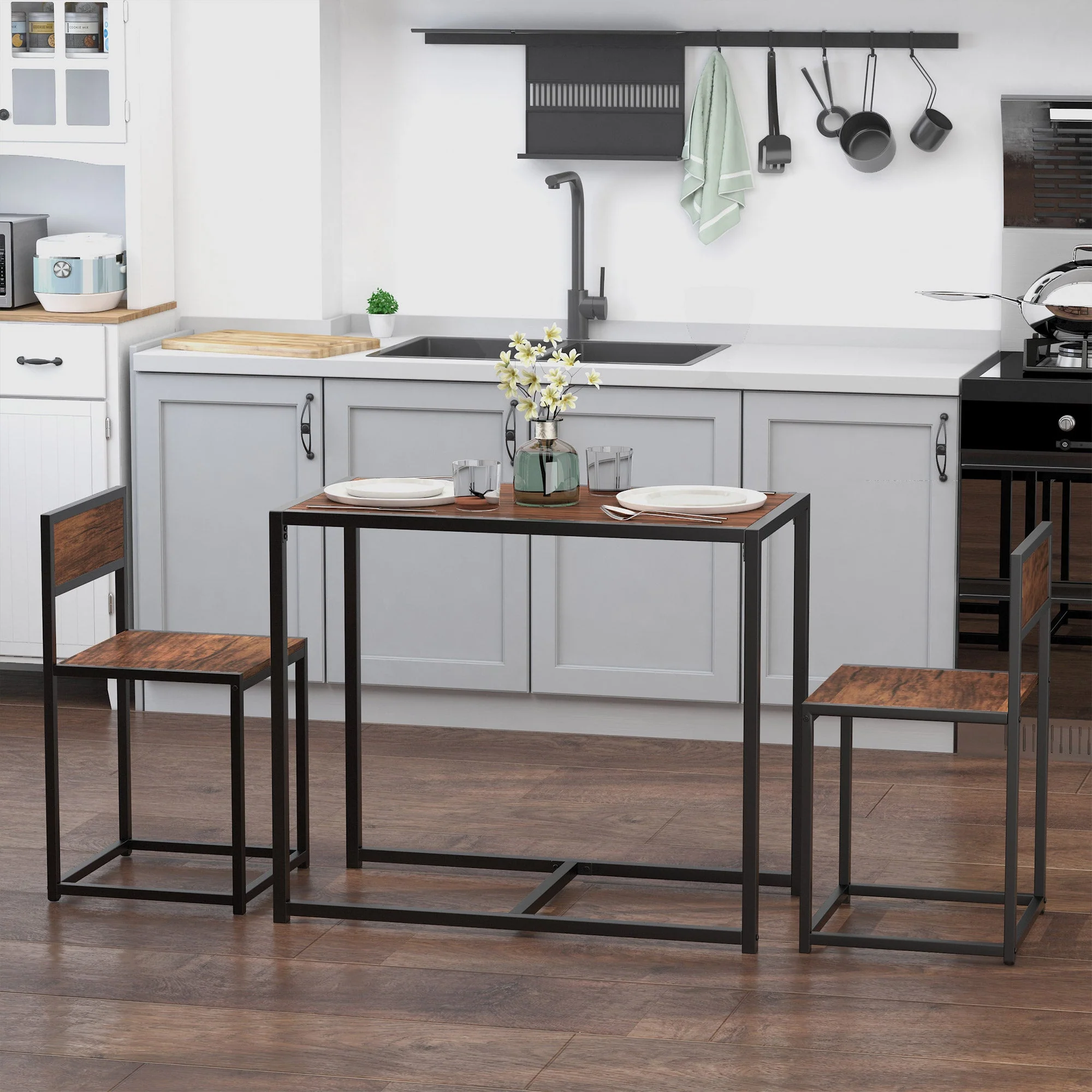 Homcom 3 Pcs Table Stool Set Industrial Design W/ Steel Frame Medium-Density Fibreboard Panels Living Room Bar Modern Furniture - Image 2