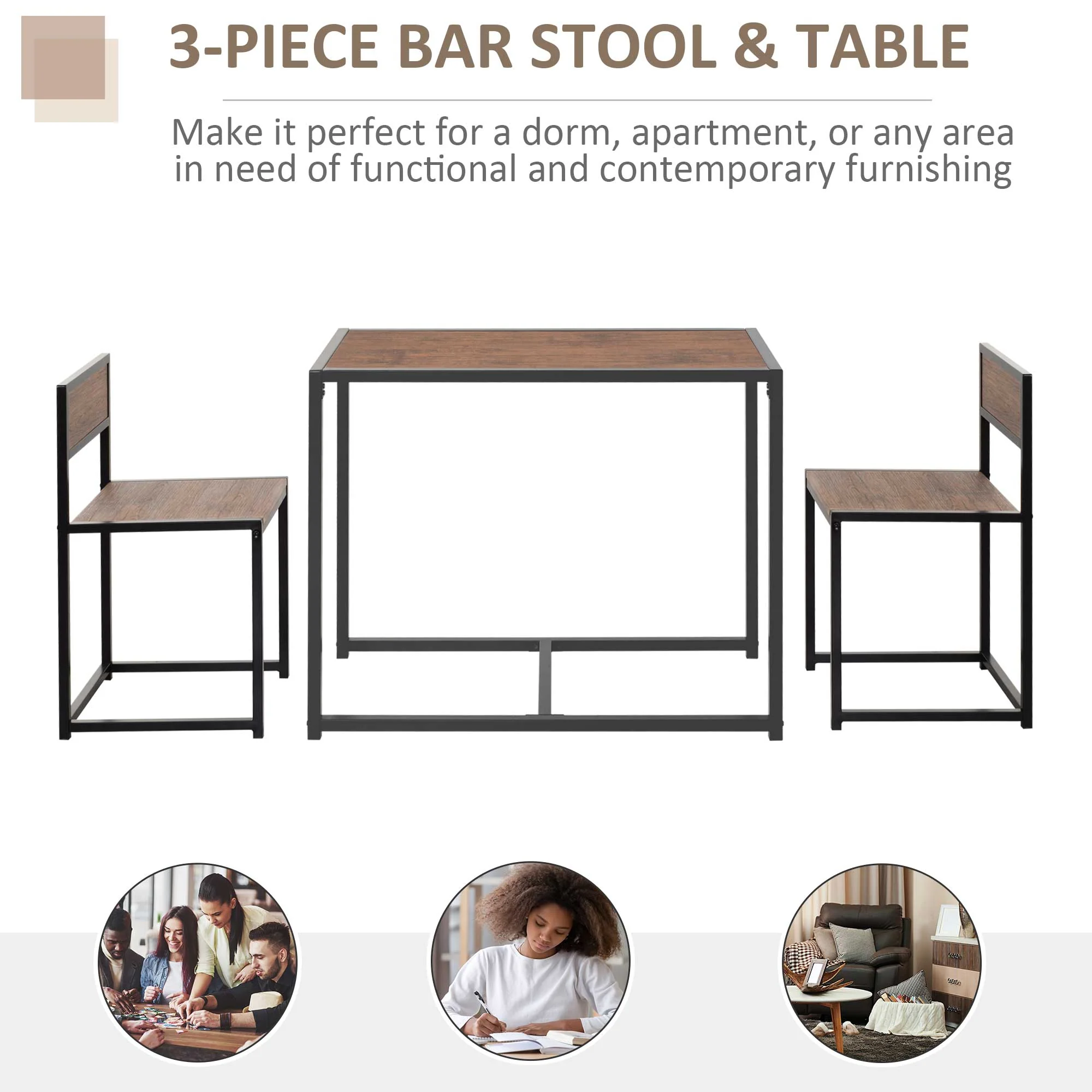 Homcom 3 Pcs Table Stool Set Industrial Design W/ Steel Frame Medium-Density Fibreboard Panels Living Room Bar Modern Furniture - Image 5