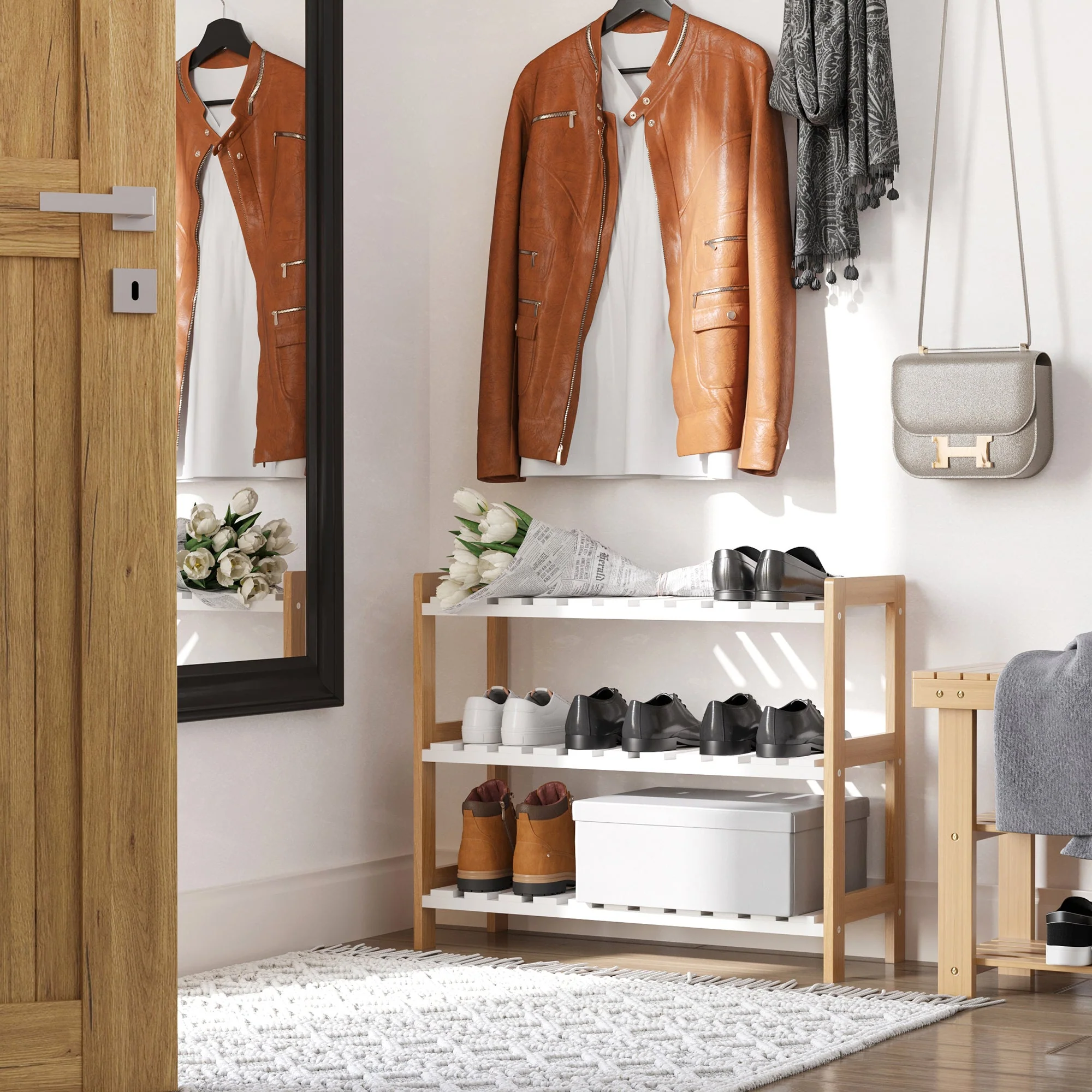 Homcom 3-Tier Shoe Rack Wood Frame Slatted Shelves Spacious Open Hygienic Storage Home Hallway Furniture Family Guests 70L x 26W x 57.5H cm - Natural - Image 2