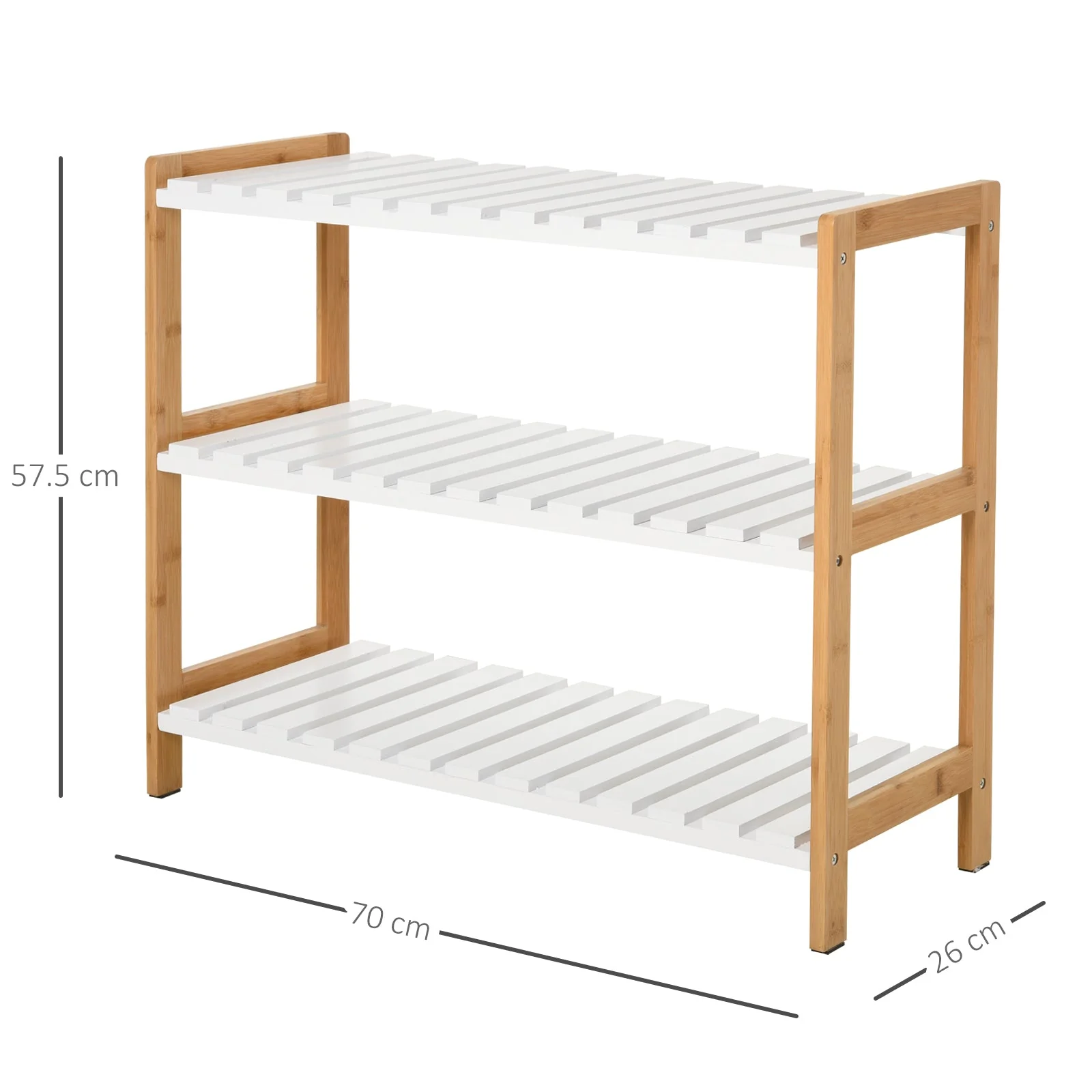 Homcom 3-Tier Shoe Rack Wood Frame Slatted Shelves Spacious Open Hygienic Storage Home Hallway Furniture Family Guests 70L x 26W x 57.5H cm - Natural - Image 3