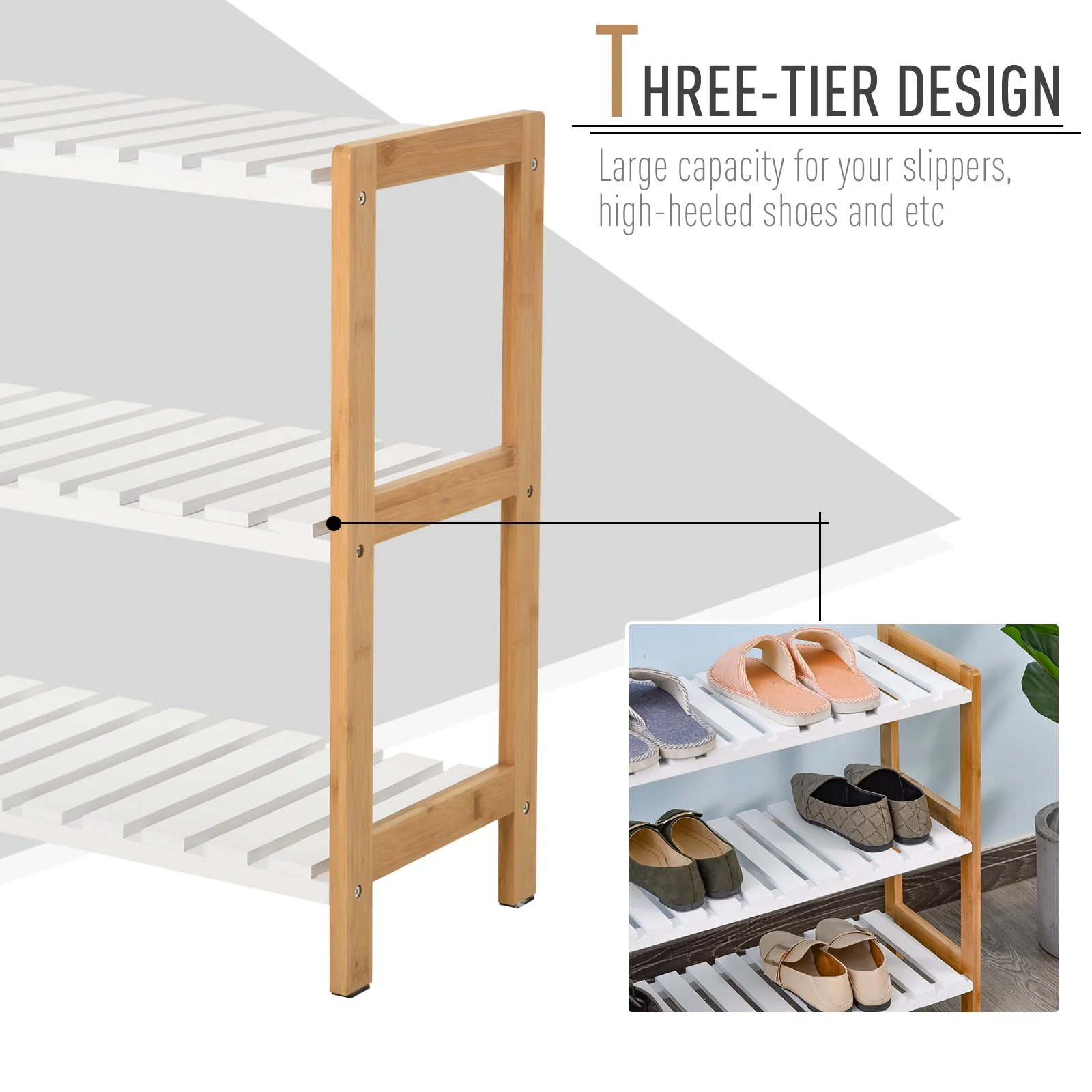 Homcom 3-Tier Shoe Rack Wood Frame Slatted Shelves Spacious Open Hygienic Storage Home Hallway Furniture Family Guests 70L x 26W x 57.5H cm - Natural - Image 4